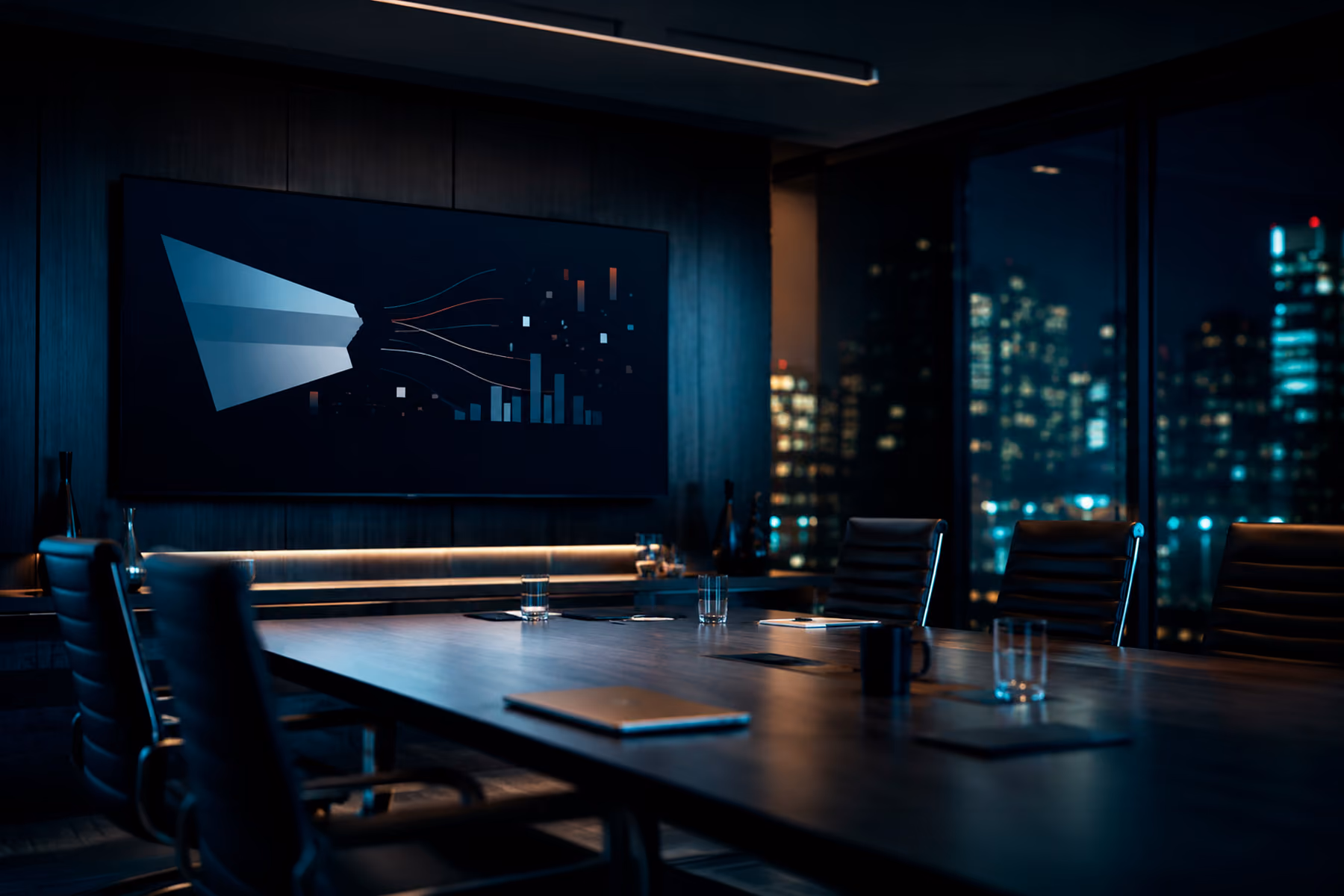 Empty enterprise sales room with an abstract disconnected pipeline visualization on screen.