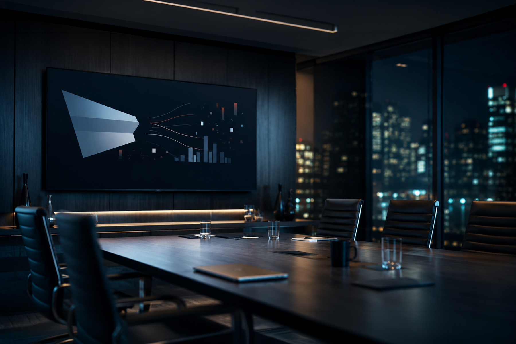 Empty enterprise sales room with an abstract disconnected pipeline visualization on screen.