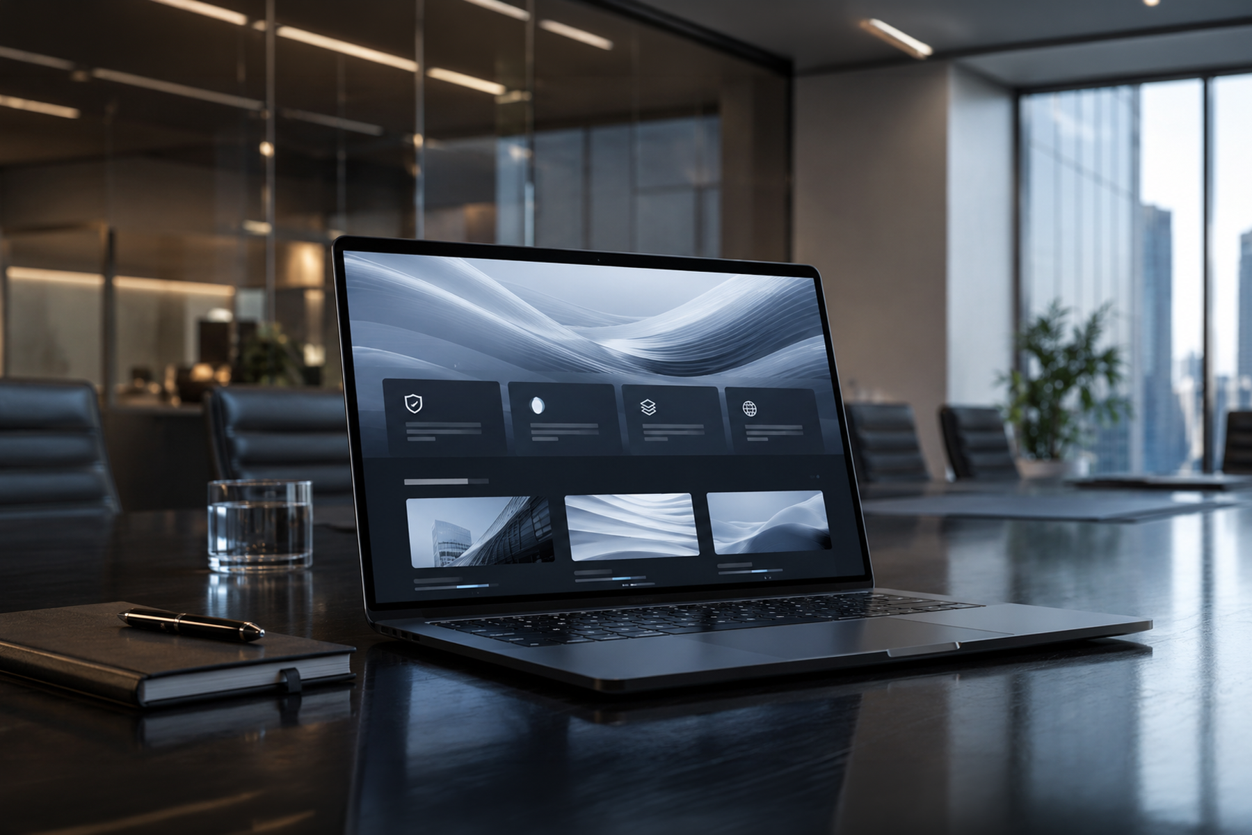 Laptop displaying an abstract cybersecurity website homepage with credibility-focused visual hierarchy.