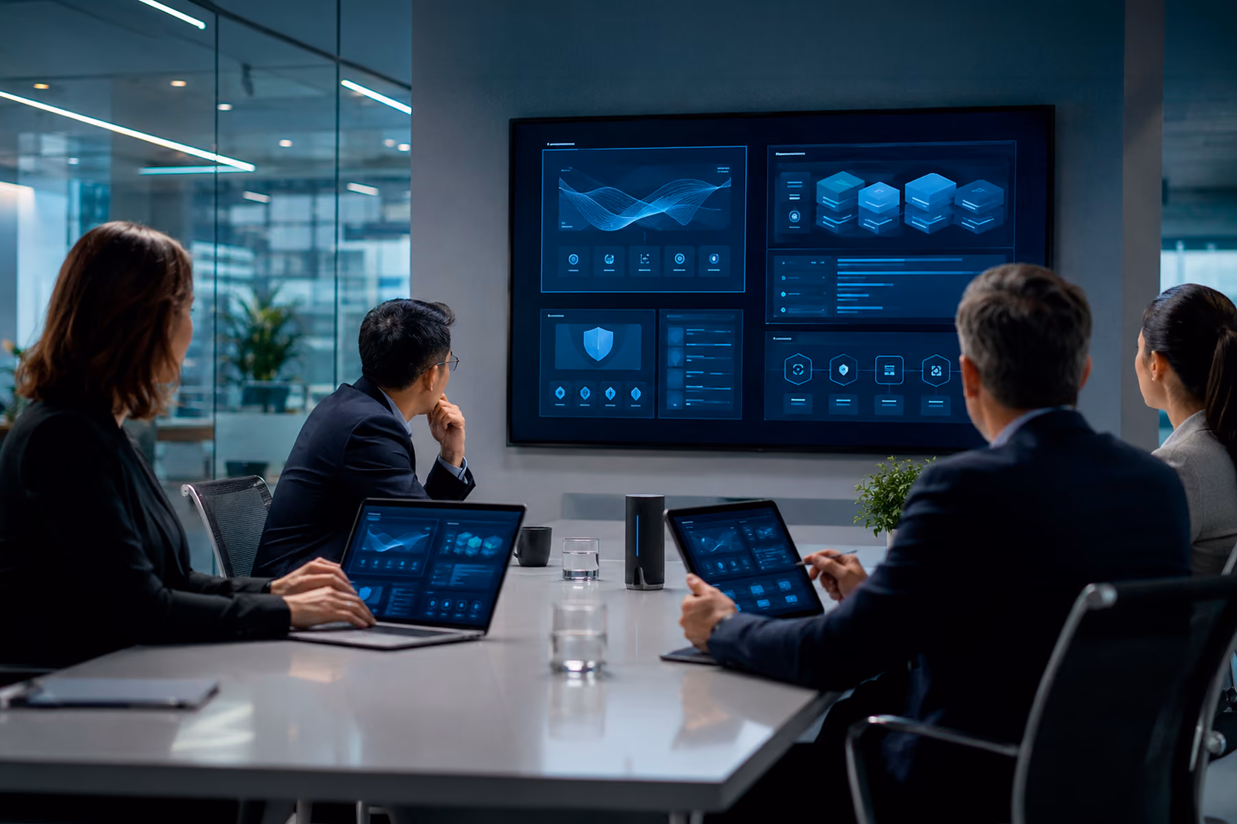 Enterprise cybersecurity buying committee reviewing different abstract website pathways across multiple devices.