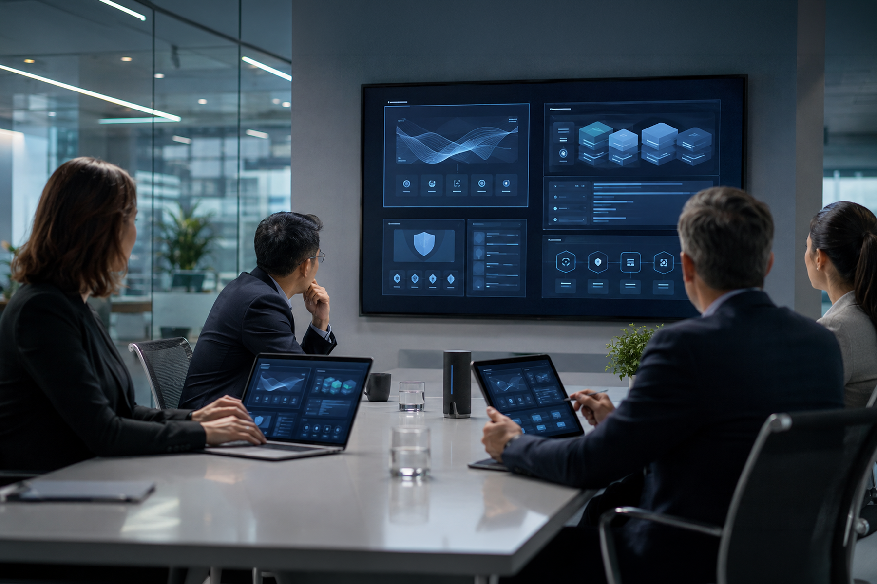 Enterprise cybersecurity buying committee reviewing different abstract website pathways across multiple devices.