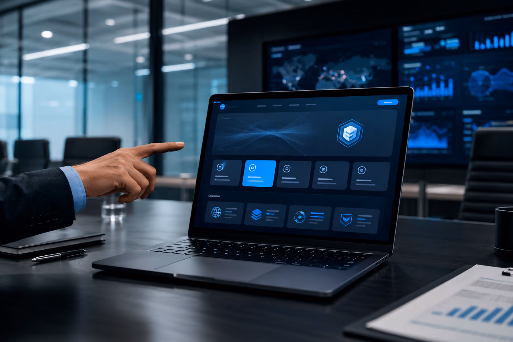 Laptop mockup showing an abstract cybersecurity website with compliance signals integrated into the main page hierarchy.