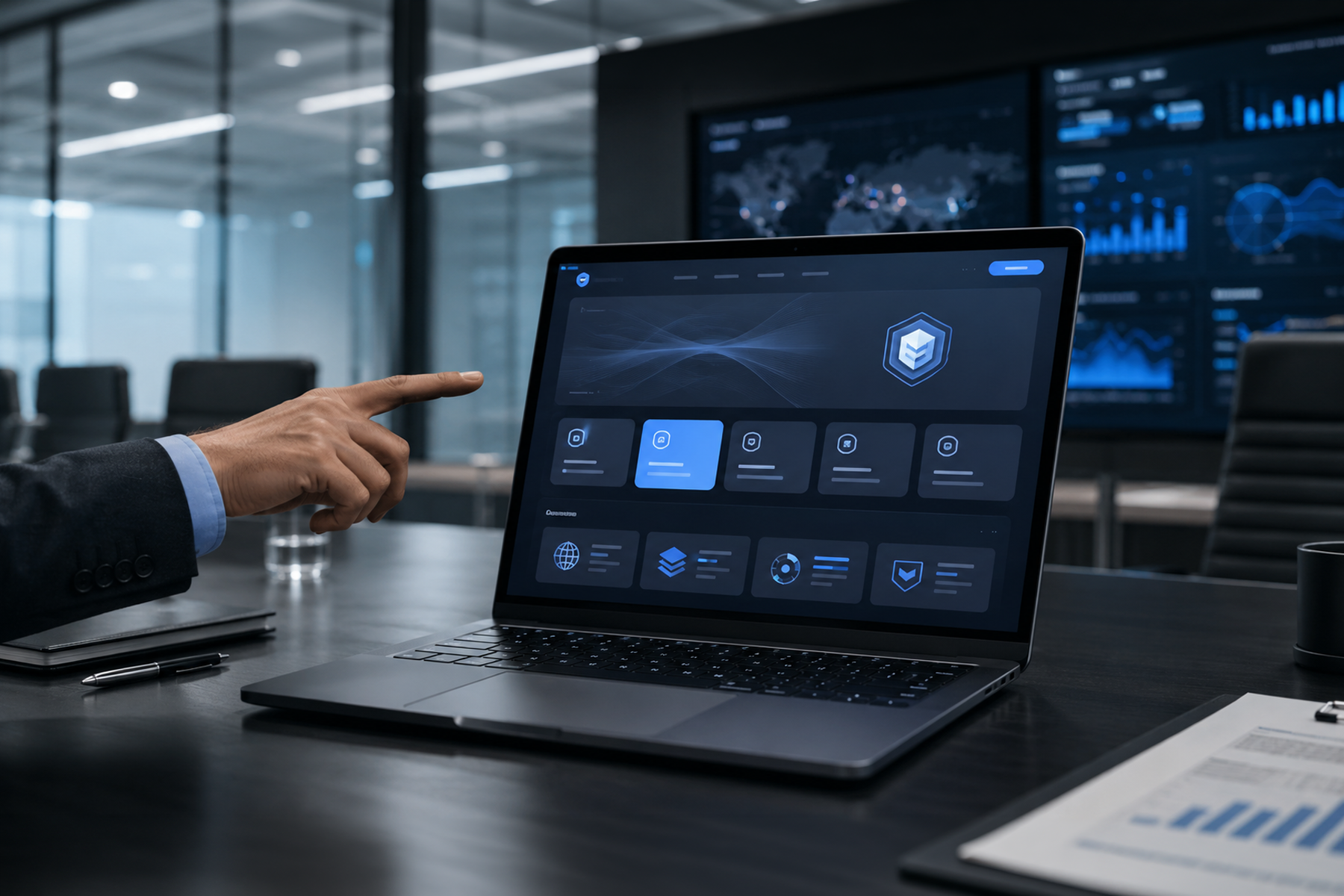 Laptop mockup showing an abstract cybersecurity website with compliance signals integrated into the main page hierarchy.