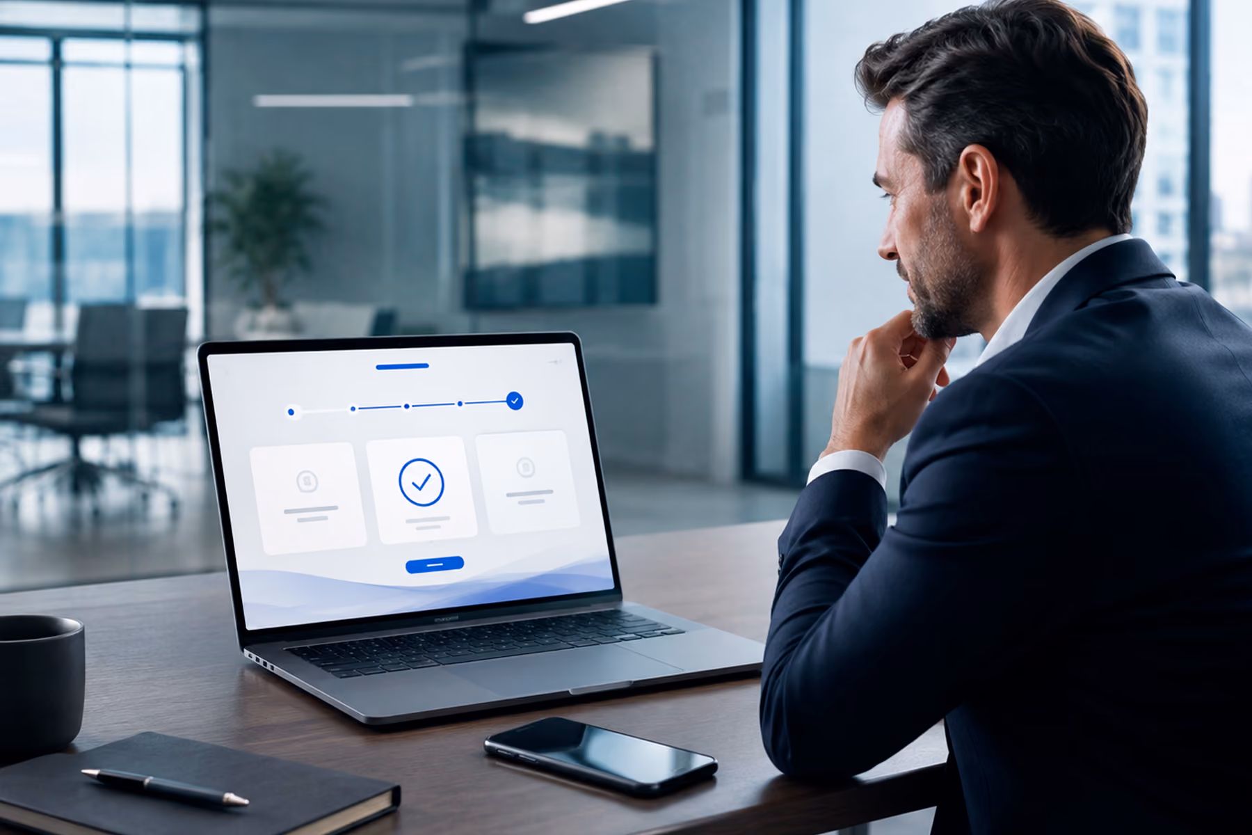 Enterprise buyer reviewing an abstract cybersecurity website confirmation flow on a laptop in a modern corporate office.
