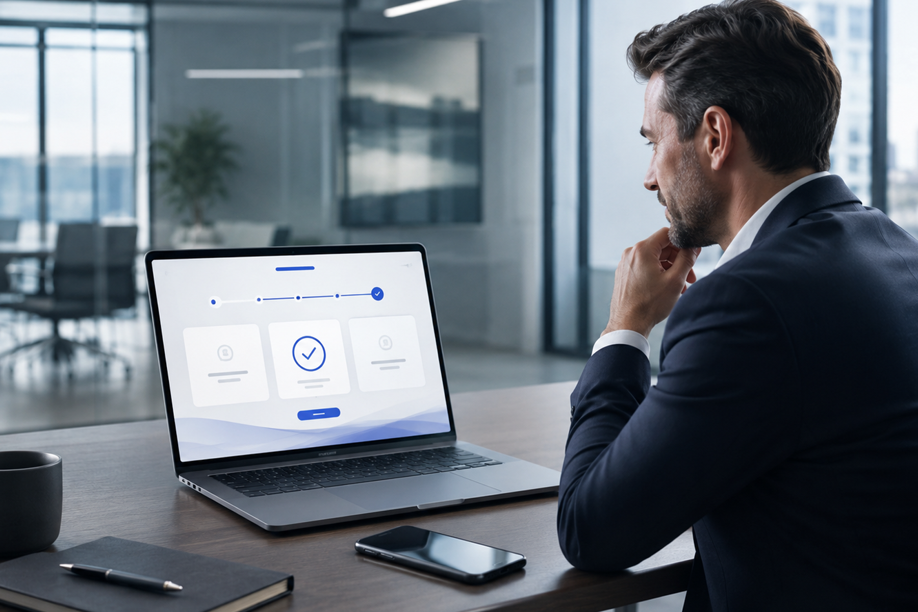 Enterprise buyer reviewing an abstract cybersecurity website confirmation flow on a laptop in a modern corporate office.