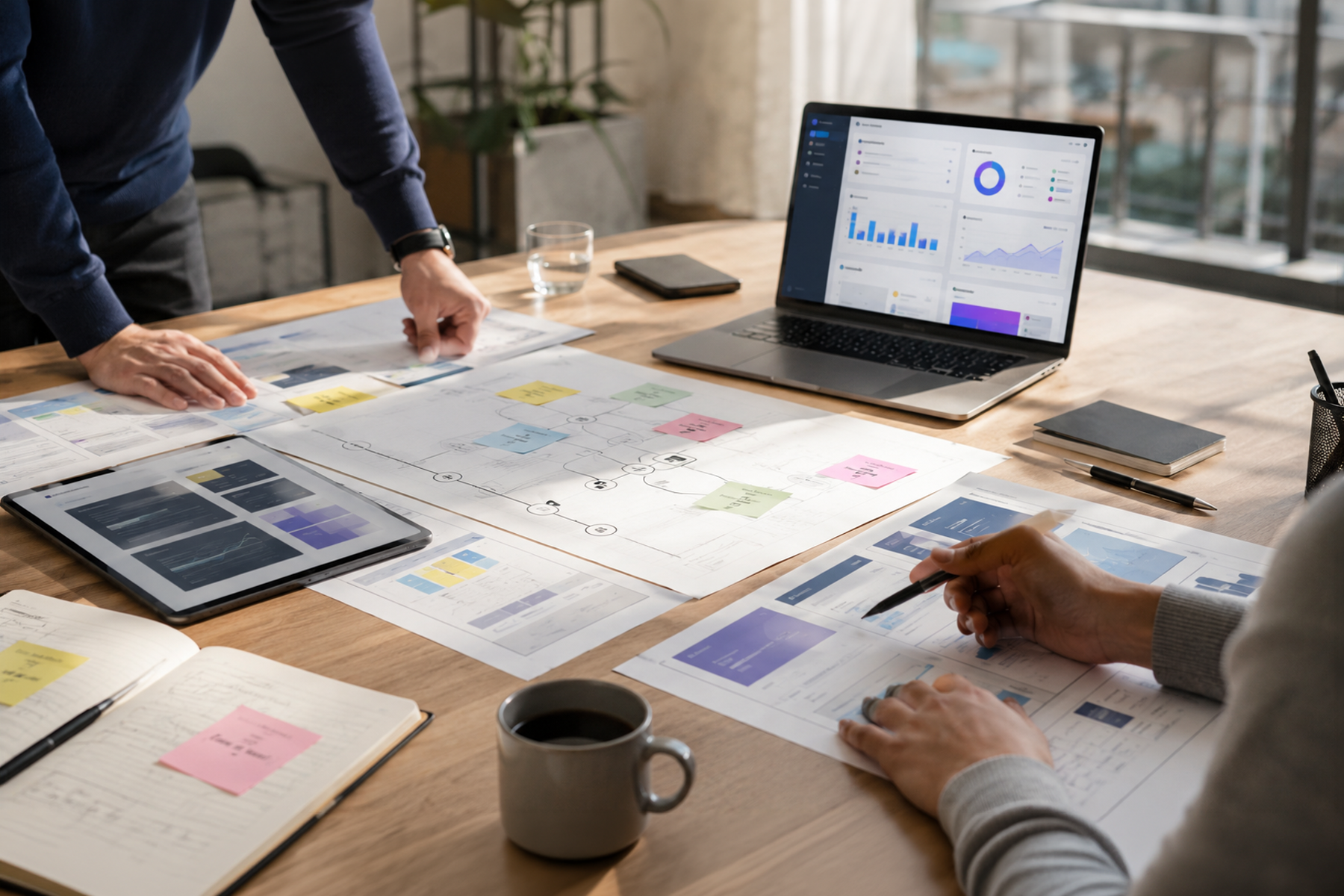 Product strategy table with dashboard wireframes and decision mapping materials for enterprise product design.
