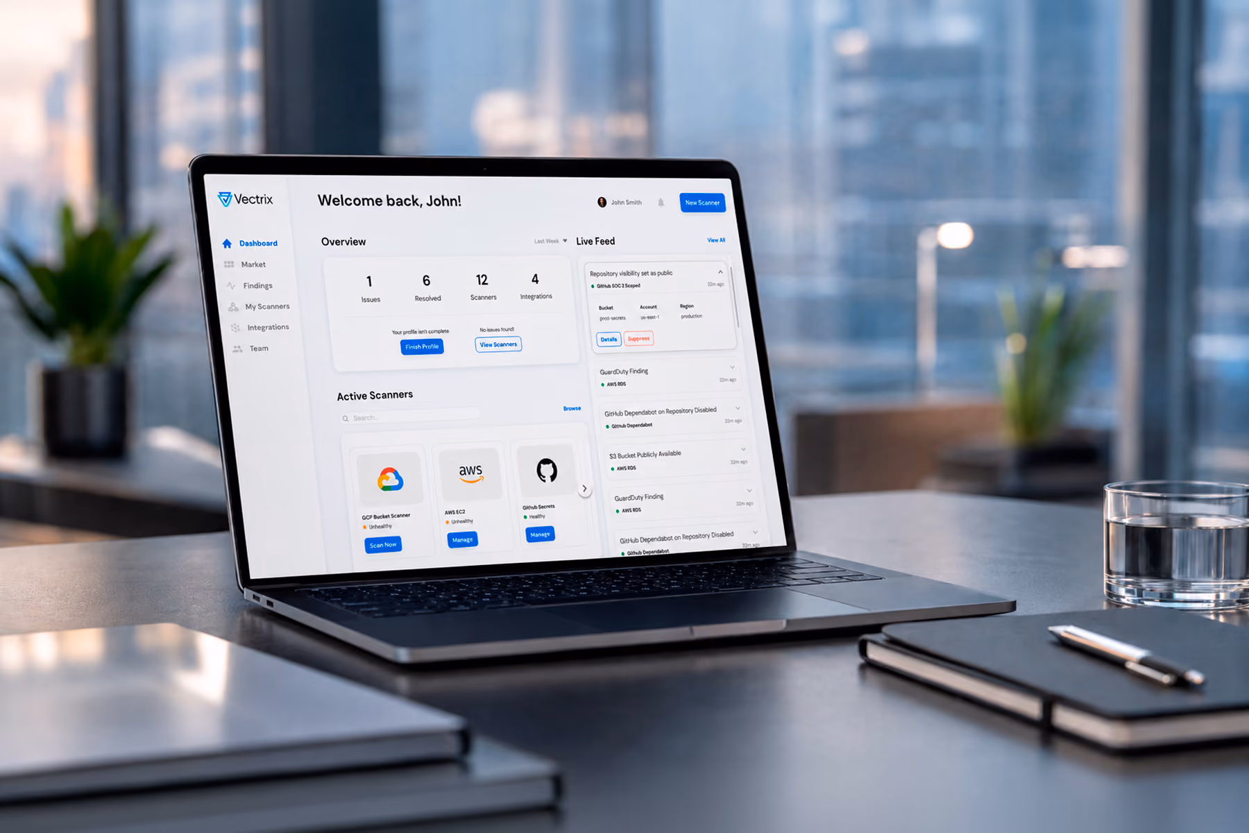 Laptop mockup displaying a dashboard screenshot in a modern corporate workspace focused on low-friction product decisions.