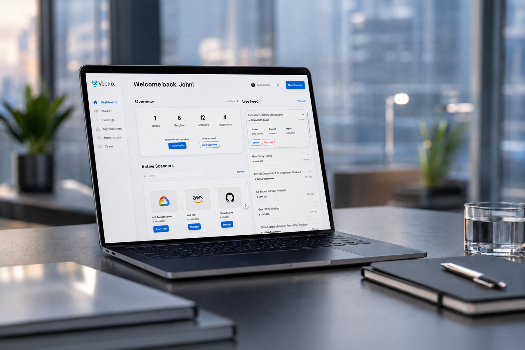Laptop mockup displaying a dashboard screenshot in a modern corporate workspace focused on low-friction product decisions.