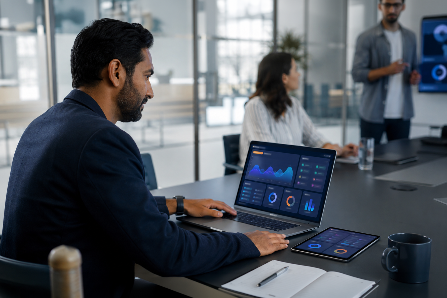 Product leader checking abstract dashboard interfaces across laptop and mobile devices during a real workday.