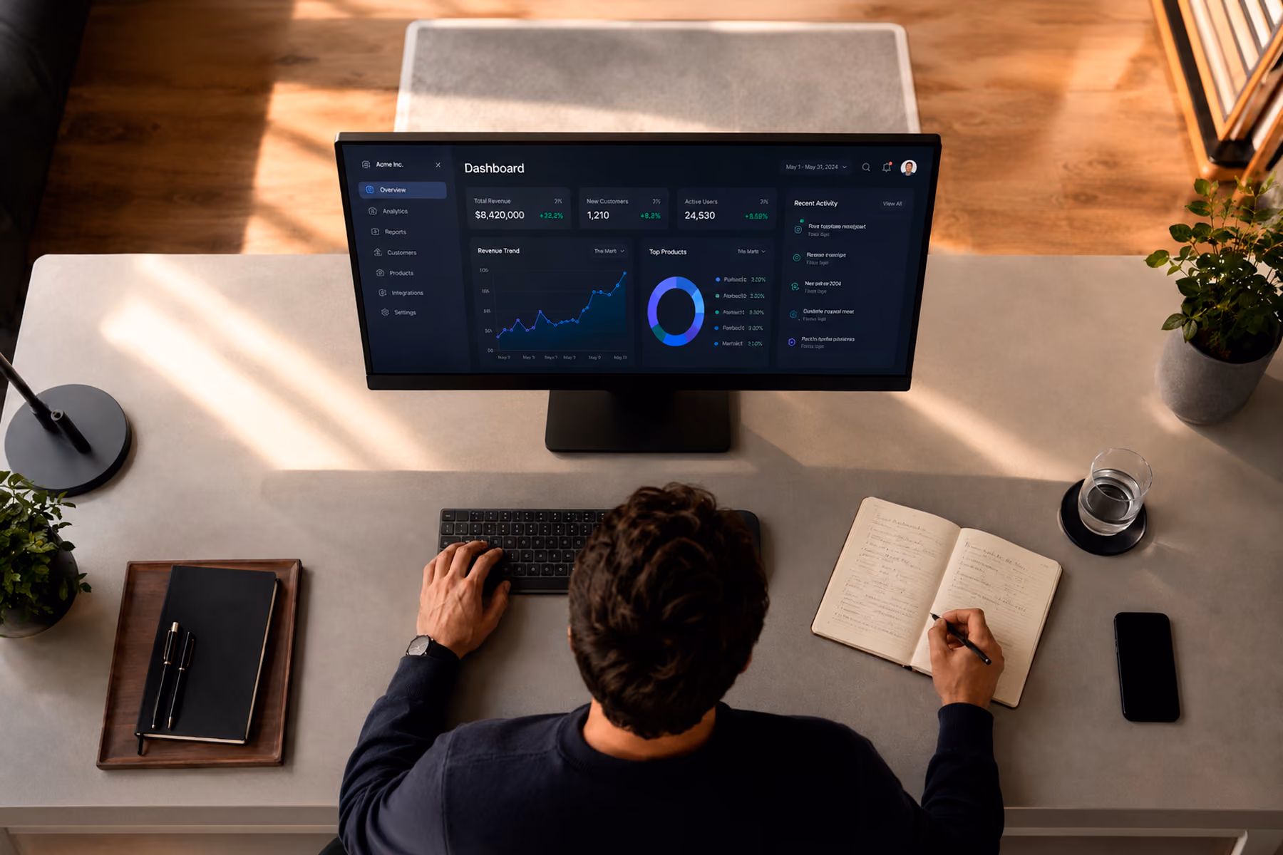 Designer reviewing a modern analytics dashboard on an ultrawide monitor