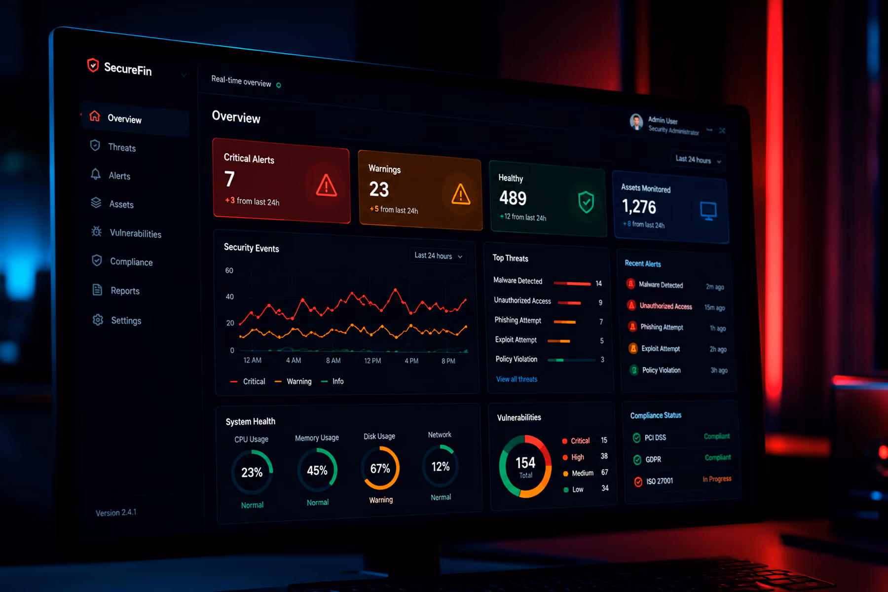 Fintech dashboard UI with color-coded status indicators in red, amber, and green