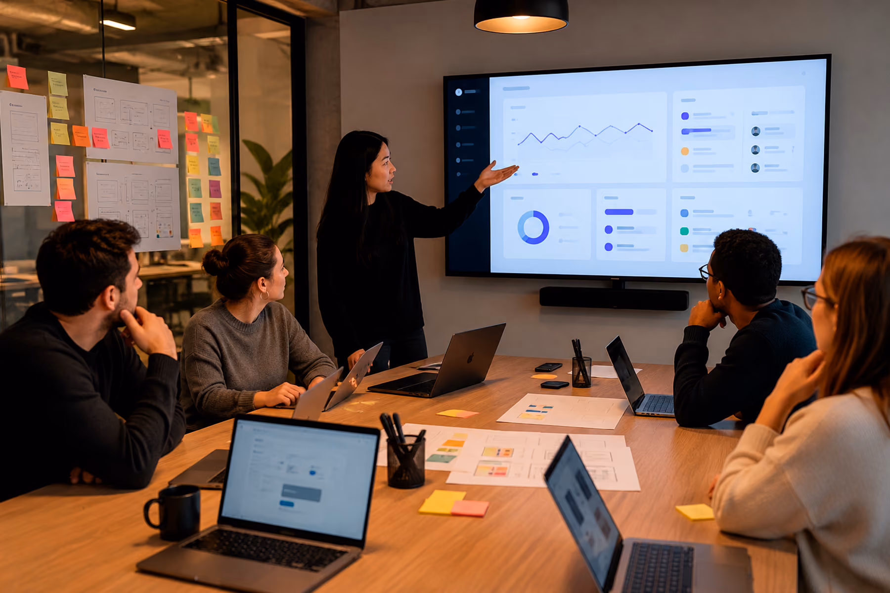 UX design team reviewing a dashboard wireframe in a modern conference room
