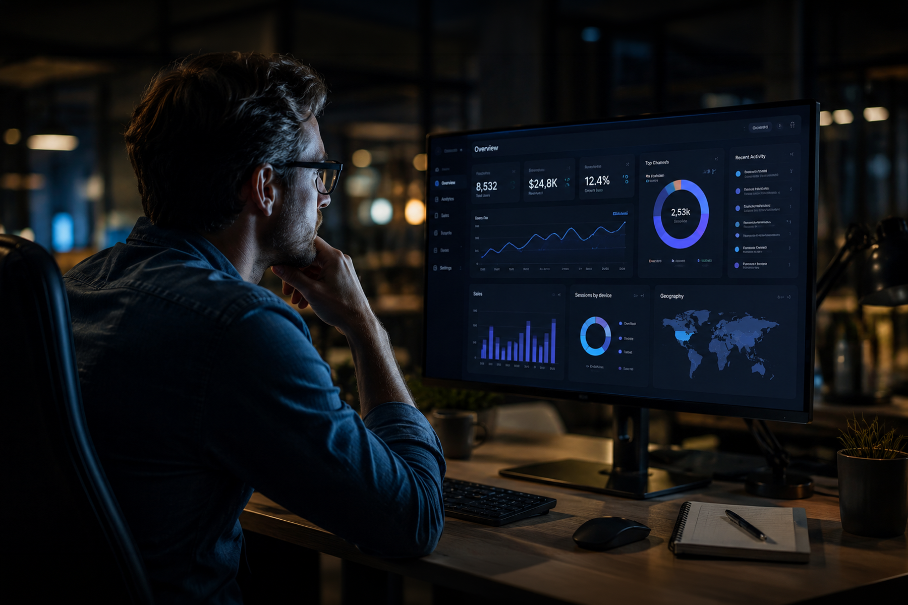 Professional analyzing a complex analytics dashboard UI on a large monitor