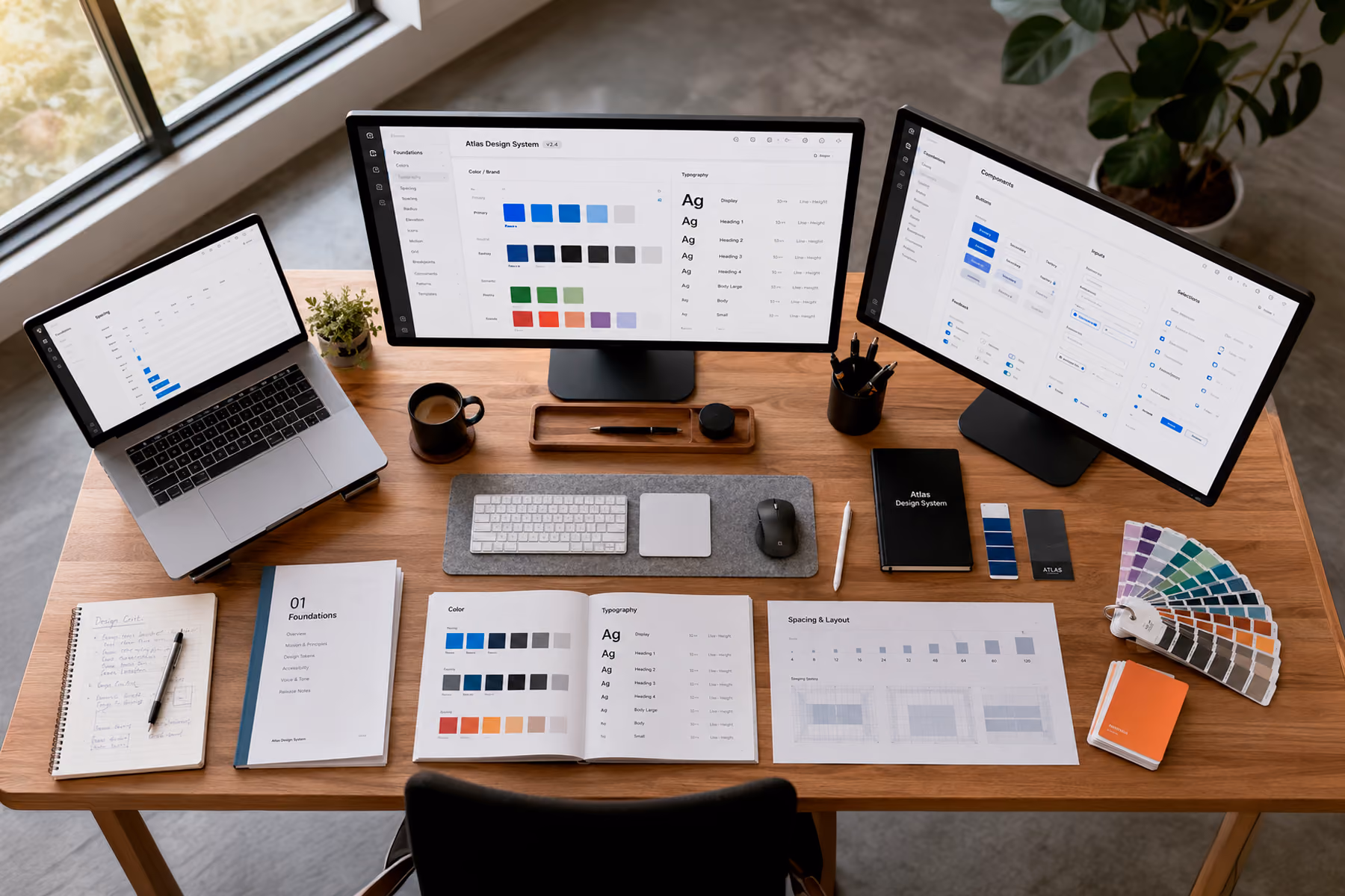UX design studio workspace showing Figma component libraries and design system documentation