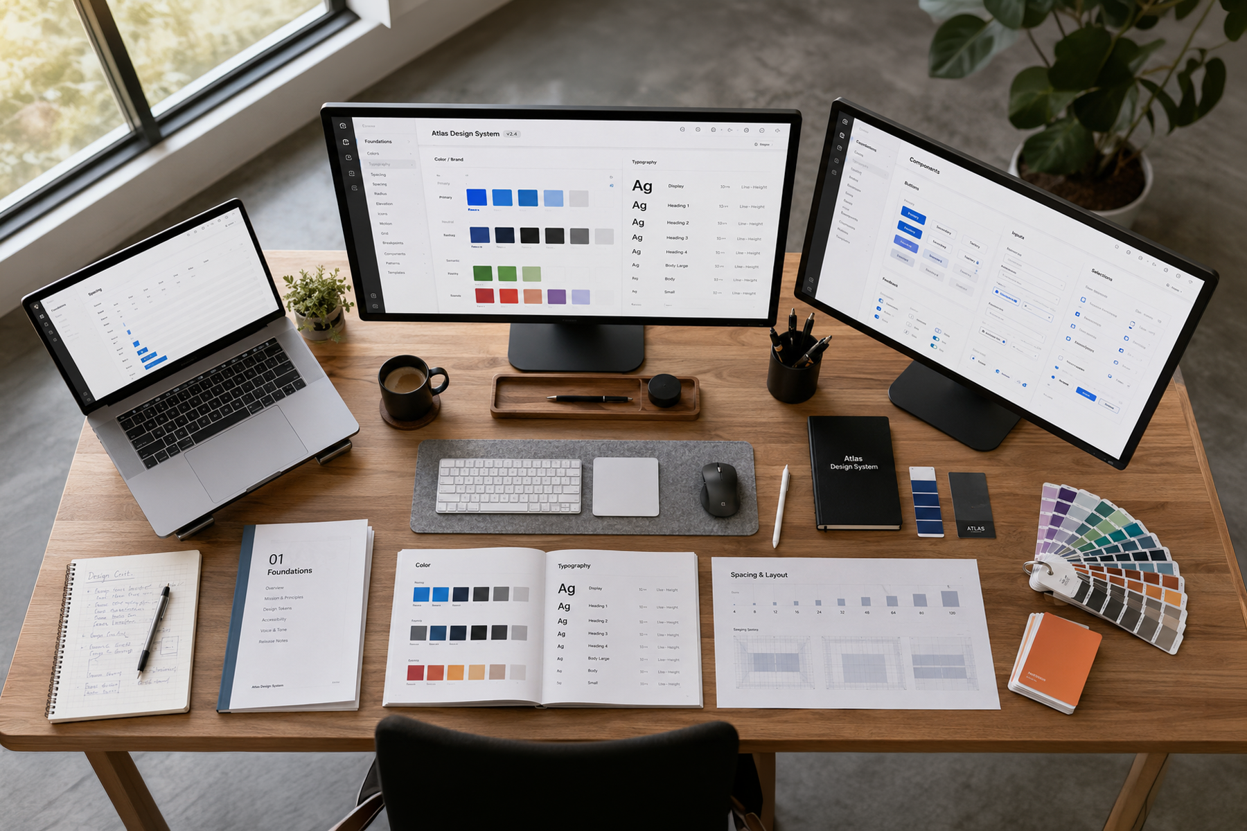 UX design studio workspace showing Figma component libraries and design system documentation