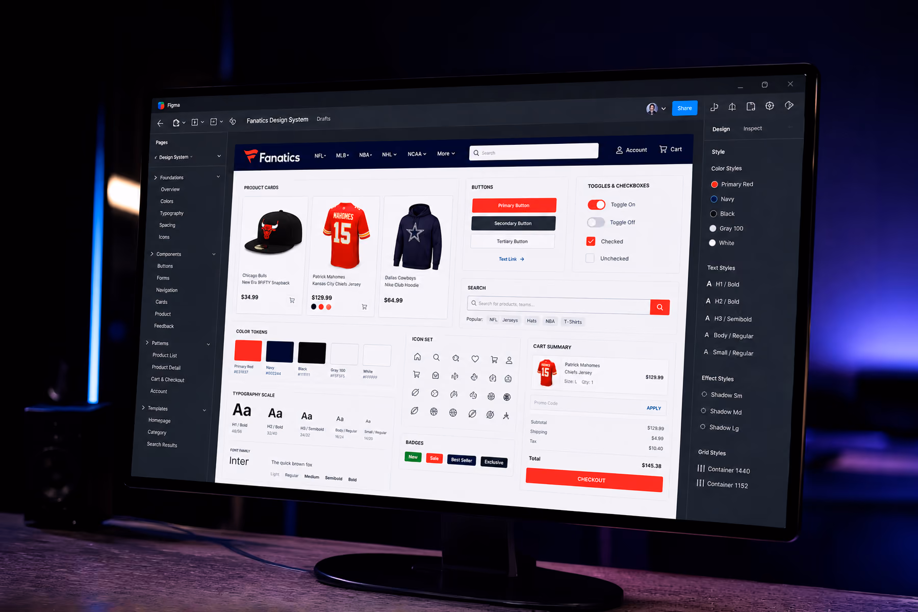 Sports e-commerce design system in Figma showing component library with color tokens and product cards