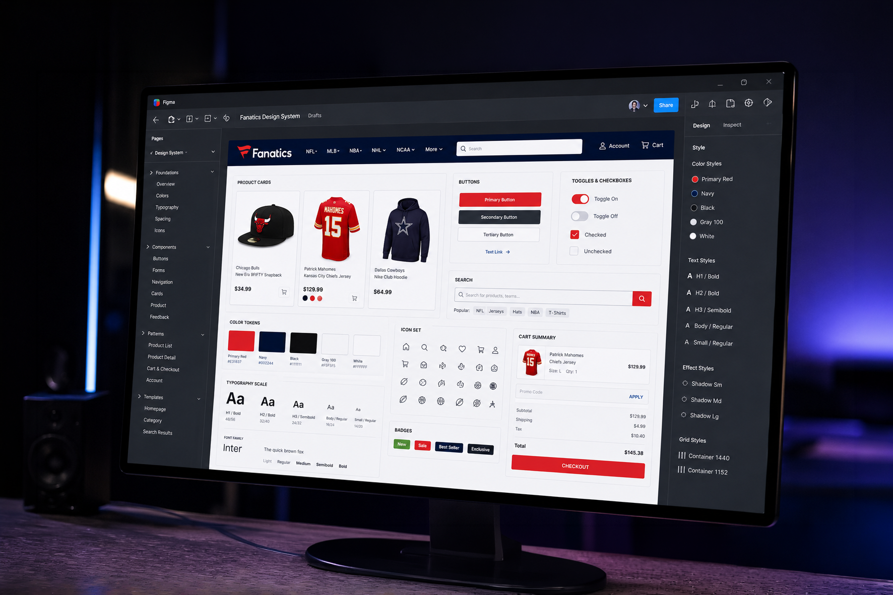 Sports e-commerce design system in Figma showing component library with color tokens and product cards