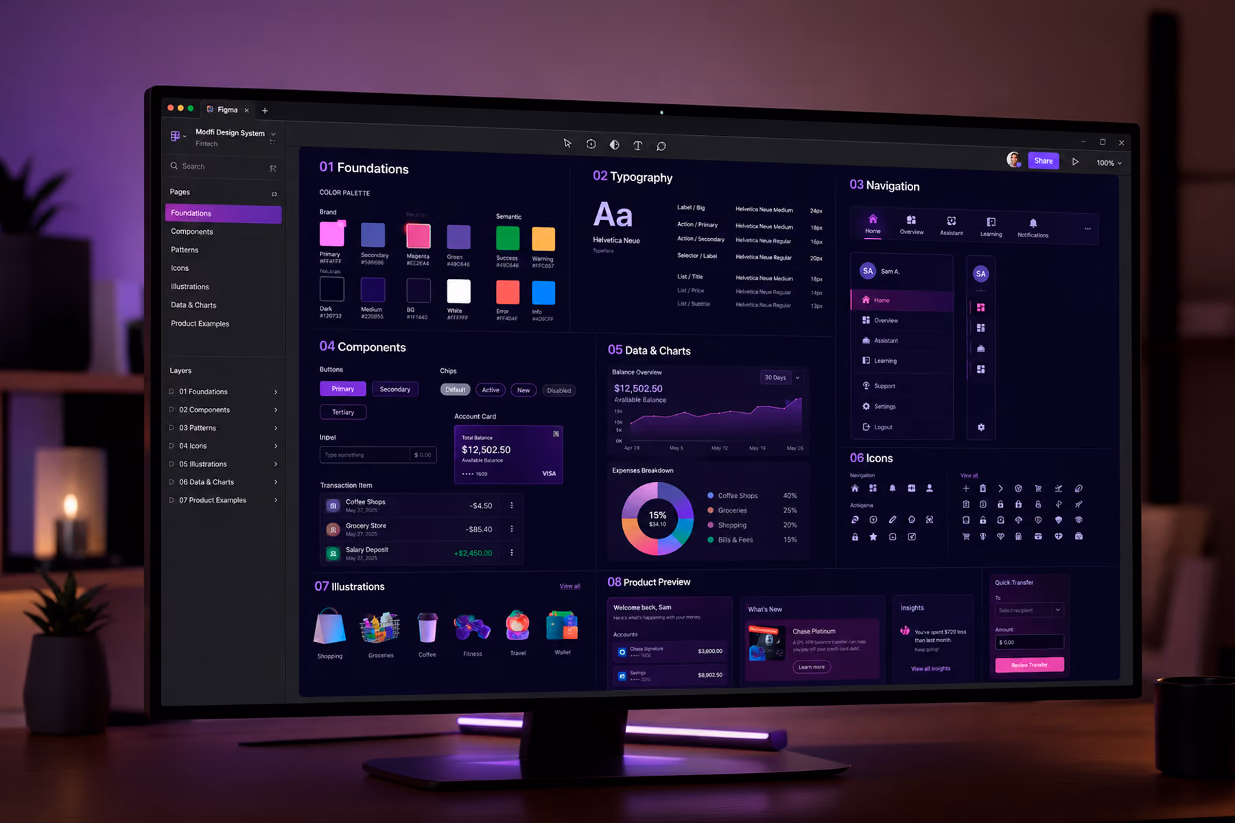 Fintech startup design system with financial UI components including balance cards and transaction inputs