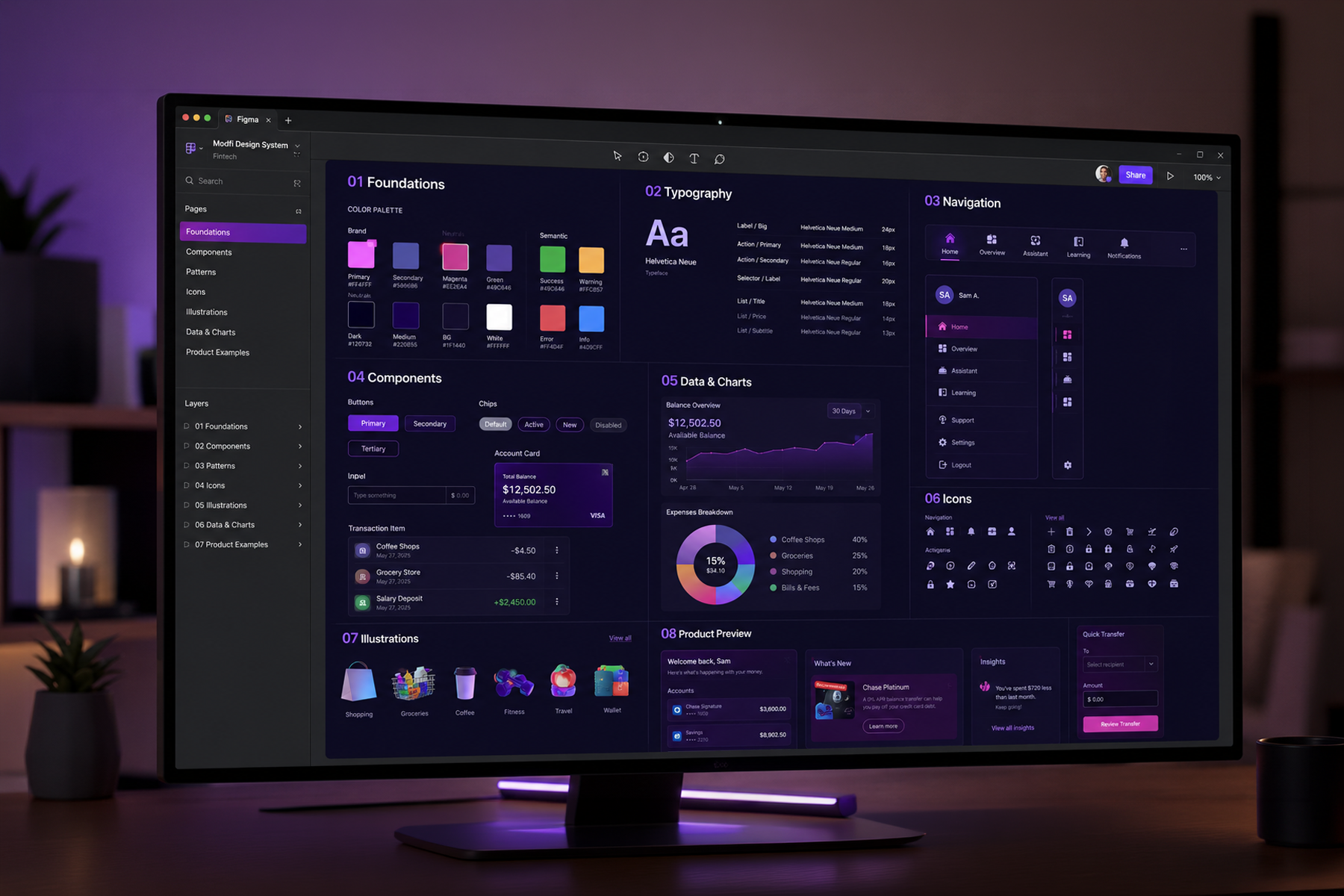 Fintech startup design system with financial UI components including balance cards and transaction inputs