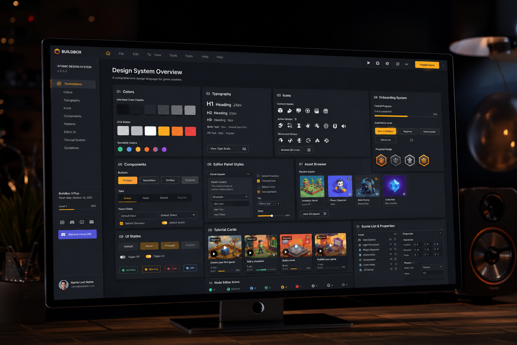 Game development SaaS design system with dark UI tool panels, asset browser components, and onboarding indicators
