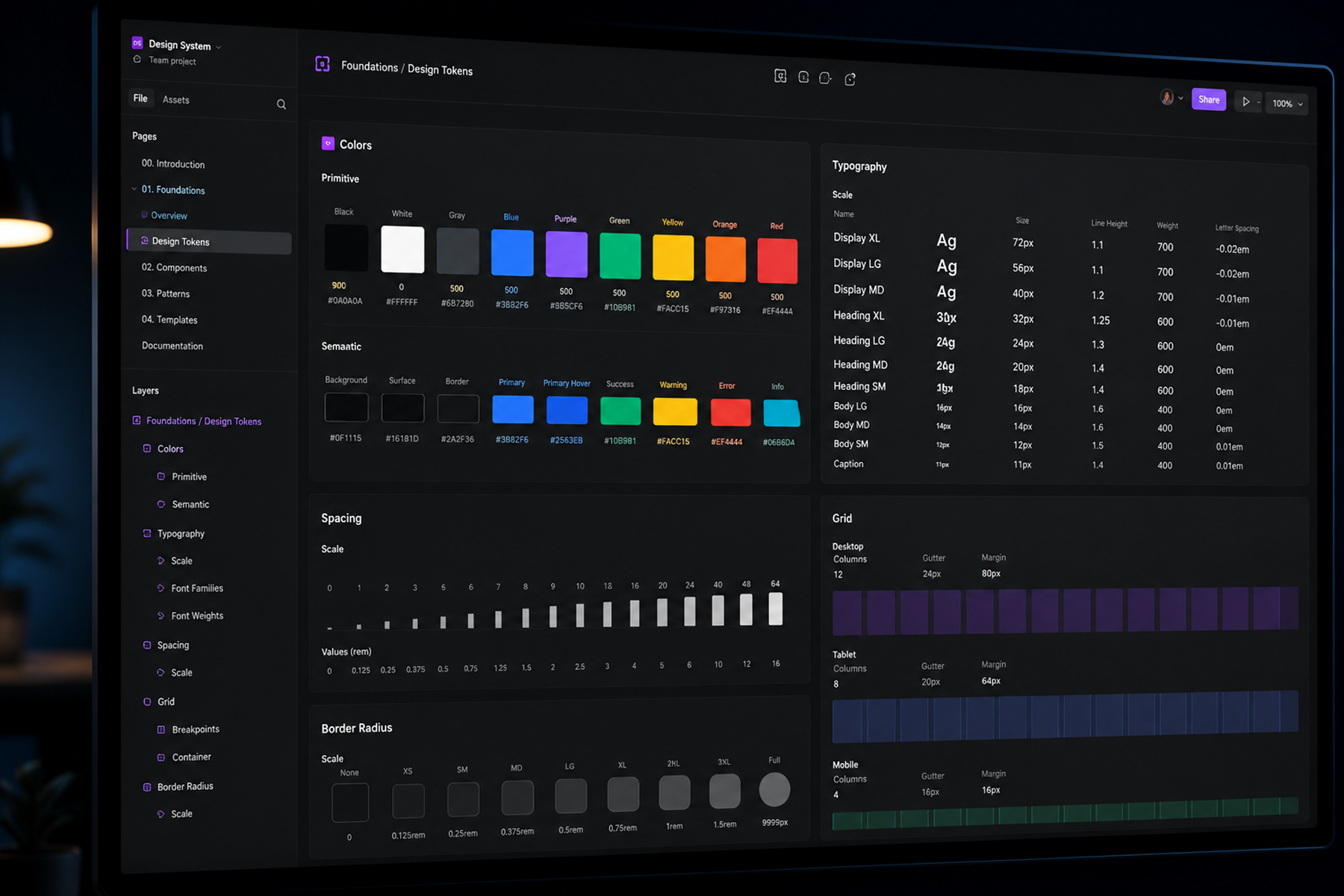 Design token architecture in Figma showing color palette, typography scale, and spacing system