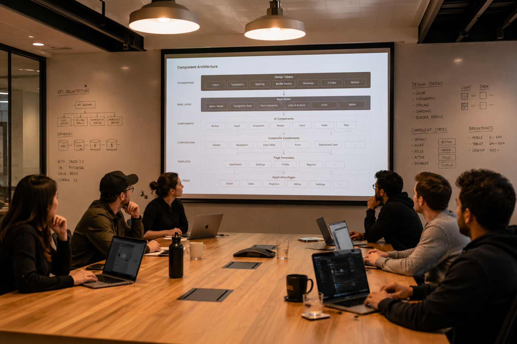 Cross-functional design and engineering team aligning on component architecture in a corporate conference room