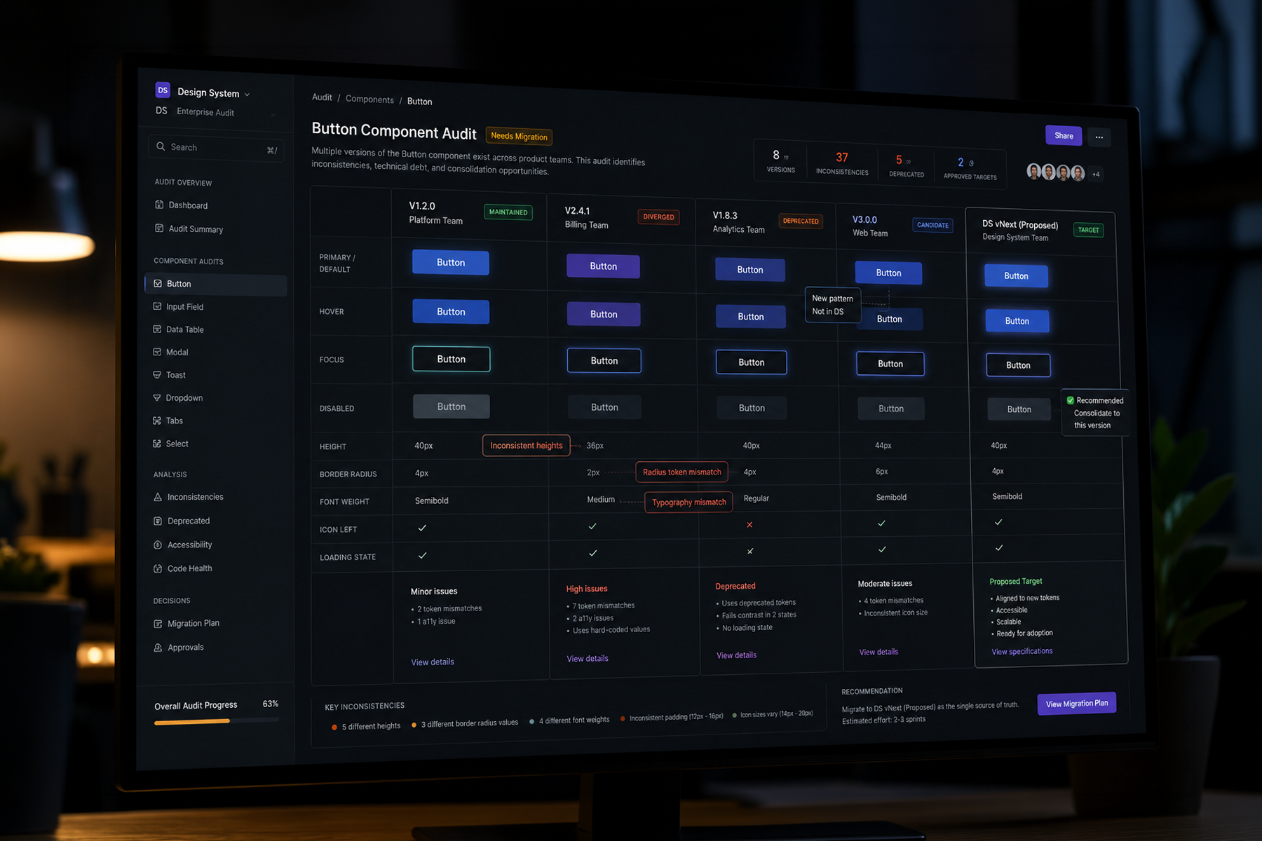 Enterprise design system audit in Figma showing multiple component versions and inconsistencies for consolidation