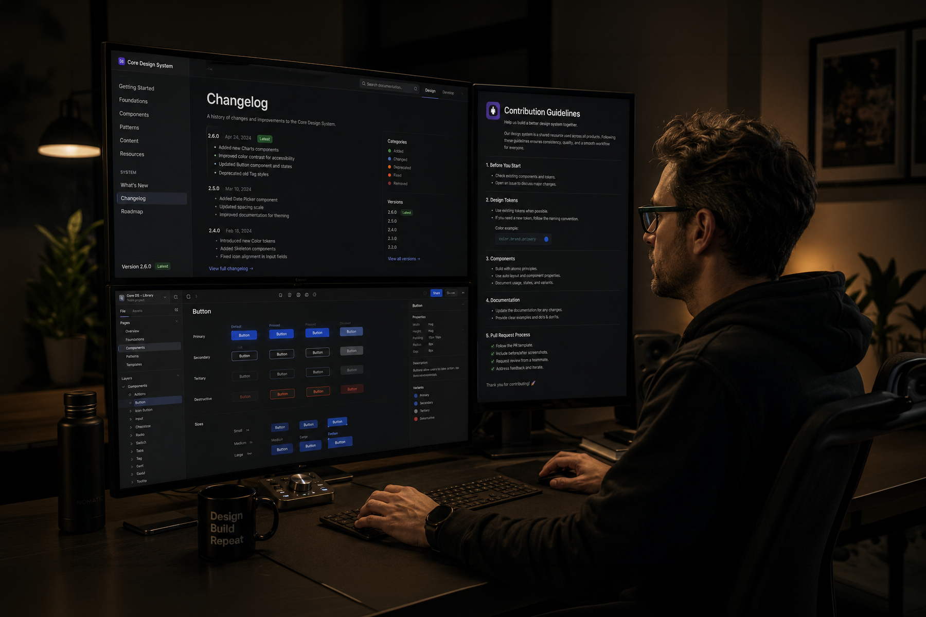 Senior designer managing design system documentation, versioning, and contribution guidelines across multiple monitors