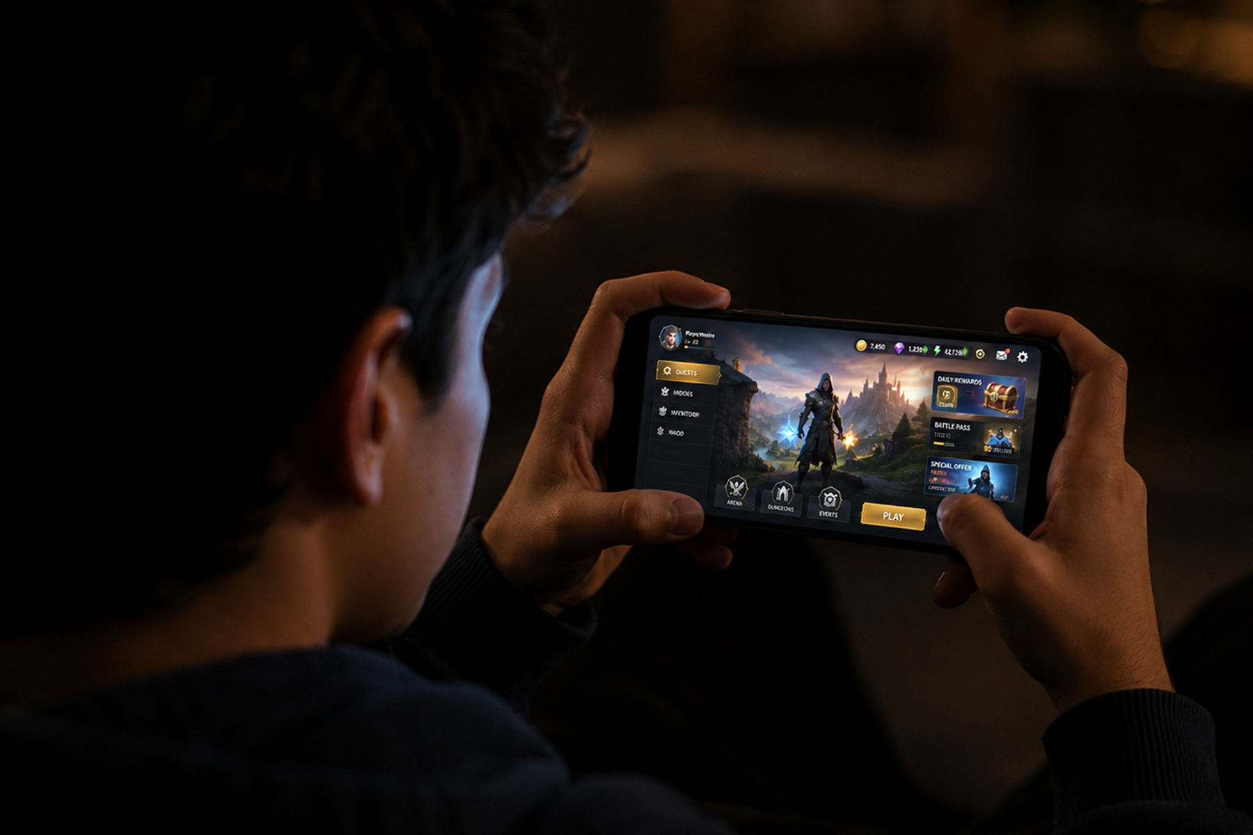 Gamer evaluating a mobile game UI for the first time, face lit by screen glow in a dark environment