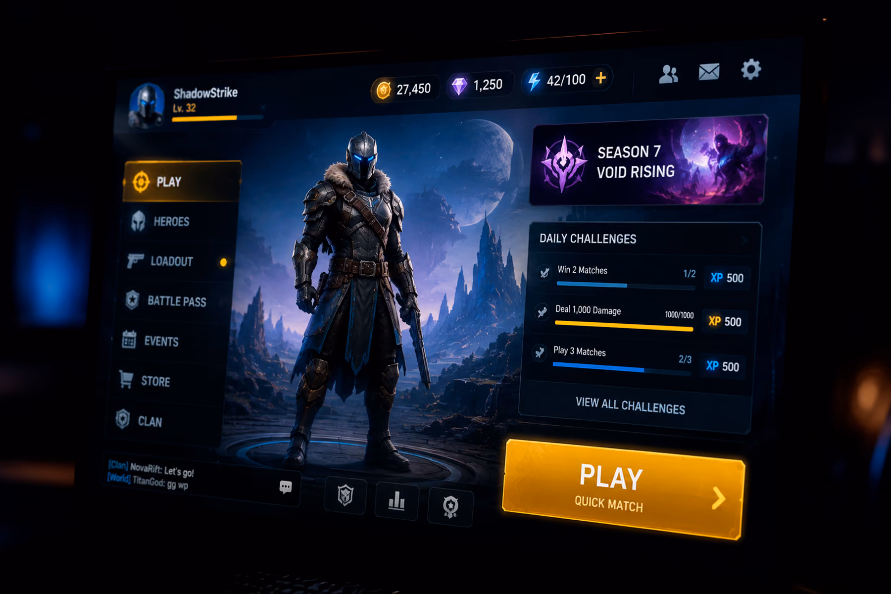 Modern game UI design showing clear visual hierarchy with dominant CTA, clean HUD, and intentional color system