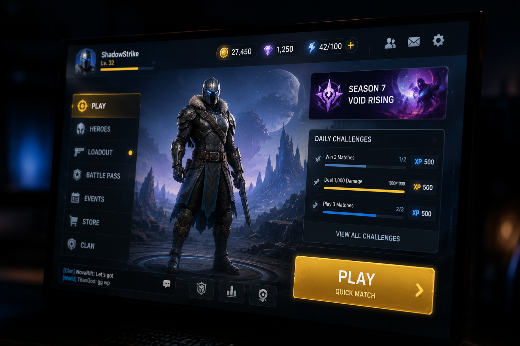 Modern game UI design showing clear visual hierarchy with dominant CTA, clean HUD, and intentional color system