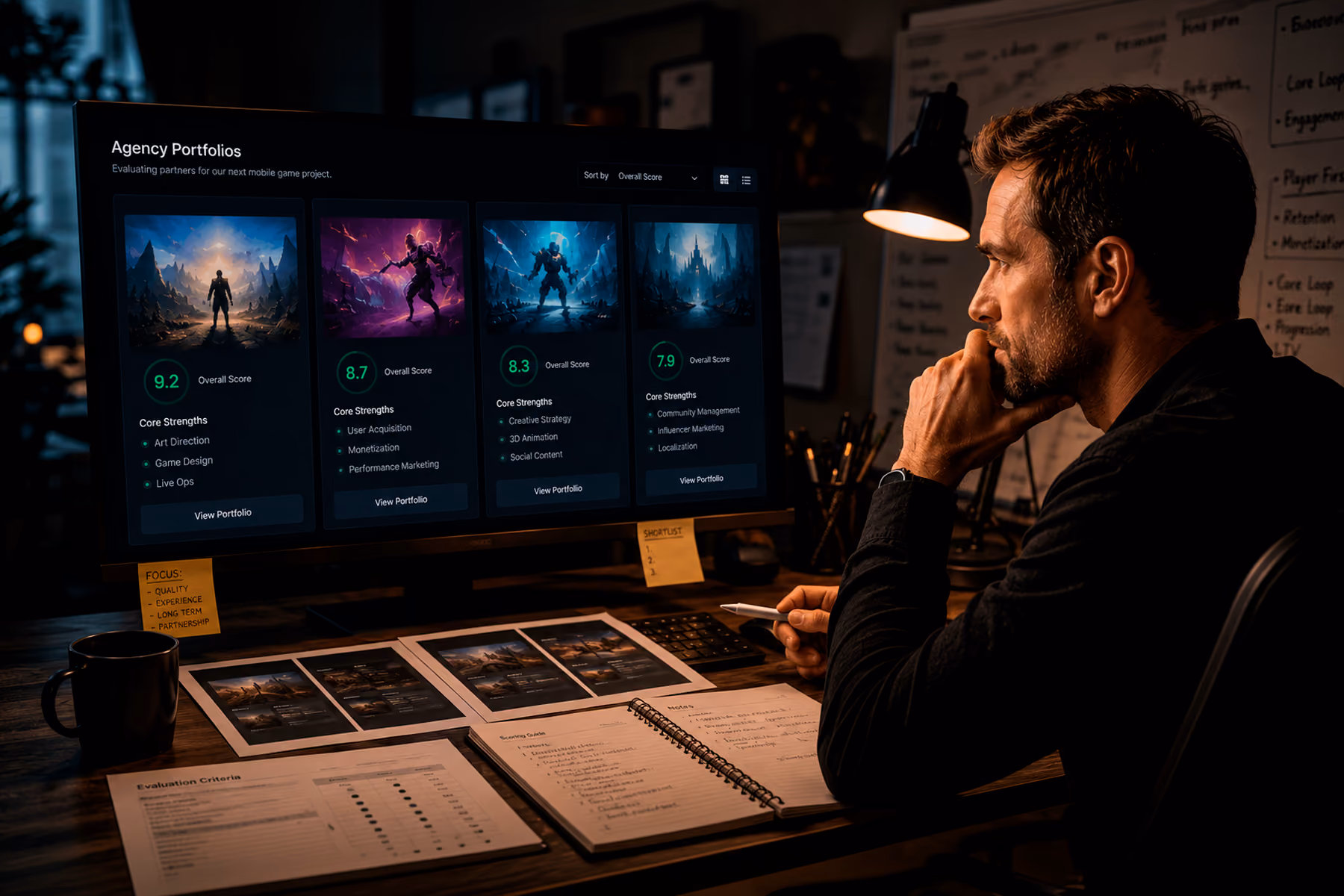 Gaming studio executive evaluating game UI/UX design agency portfolios on a monitor in a professional office