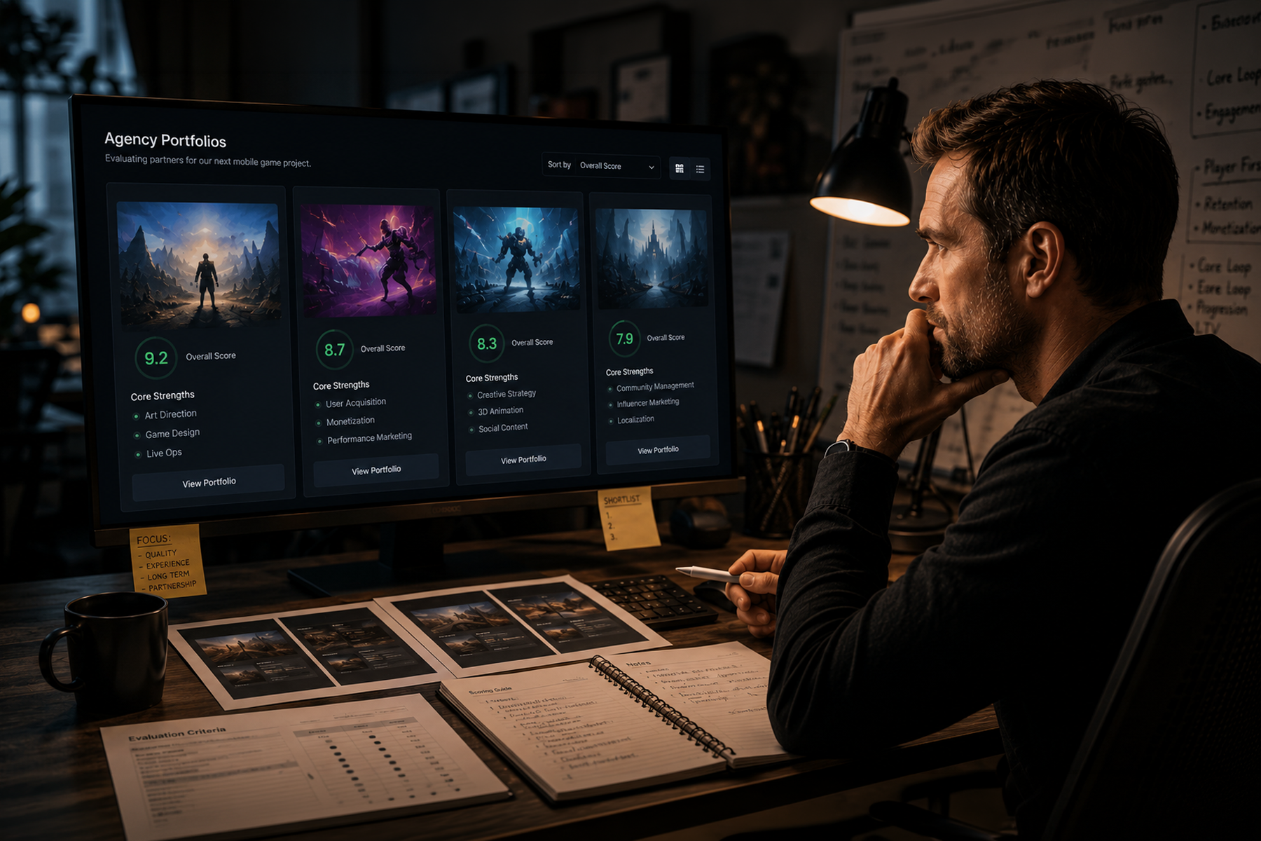 Gaming studio executive evaluating game UI/UX design agency portfolios on a monitor in a professional office