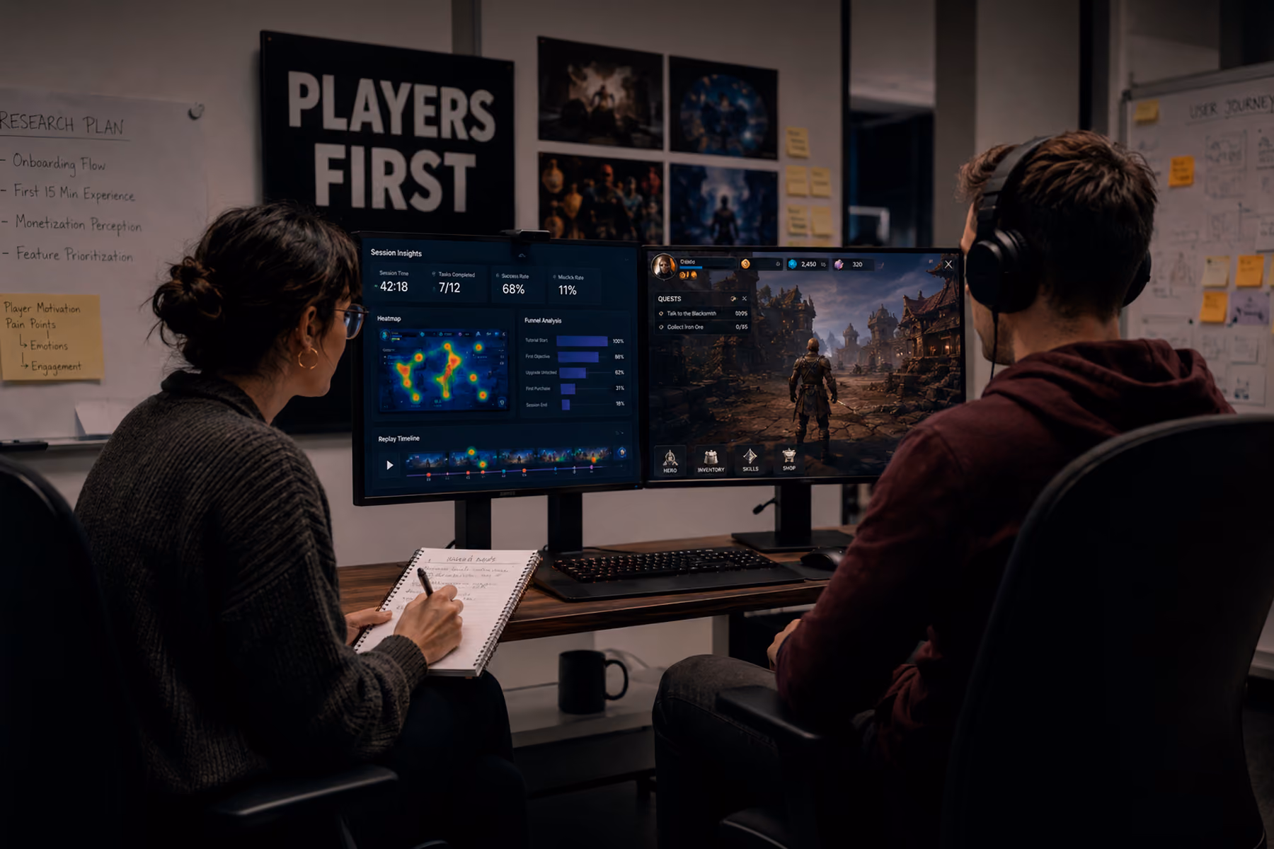UX researcher conducting player interview with behavioral analytics data visible on screen for game UI research