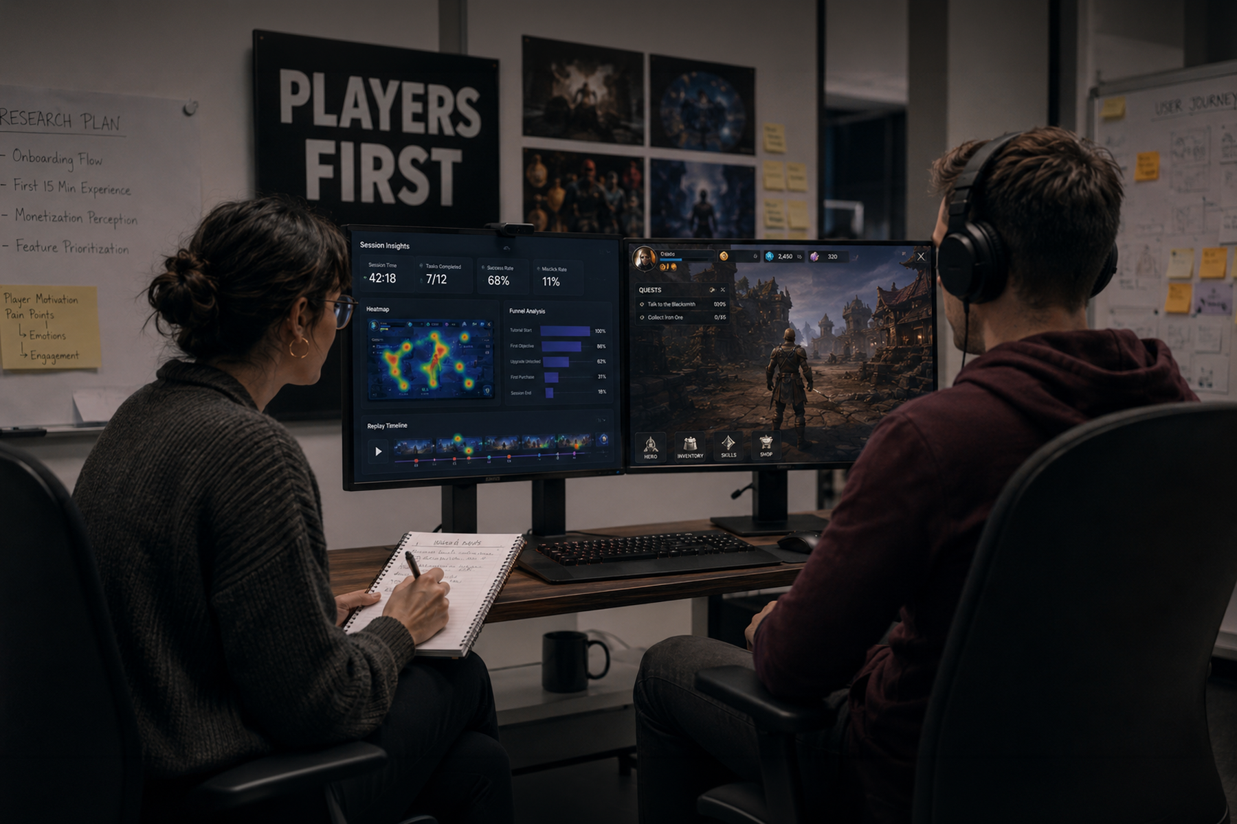 UX researcher conducting player interview with behavioral analytics data visible on screen for game UI research