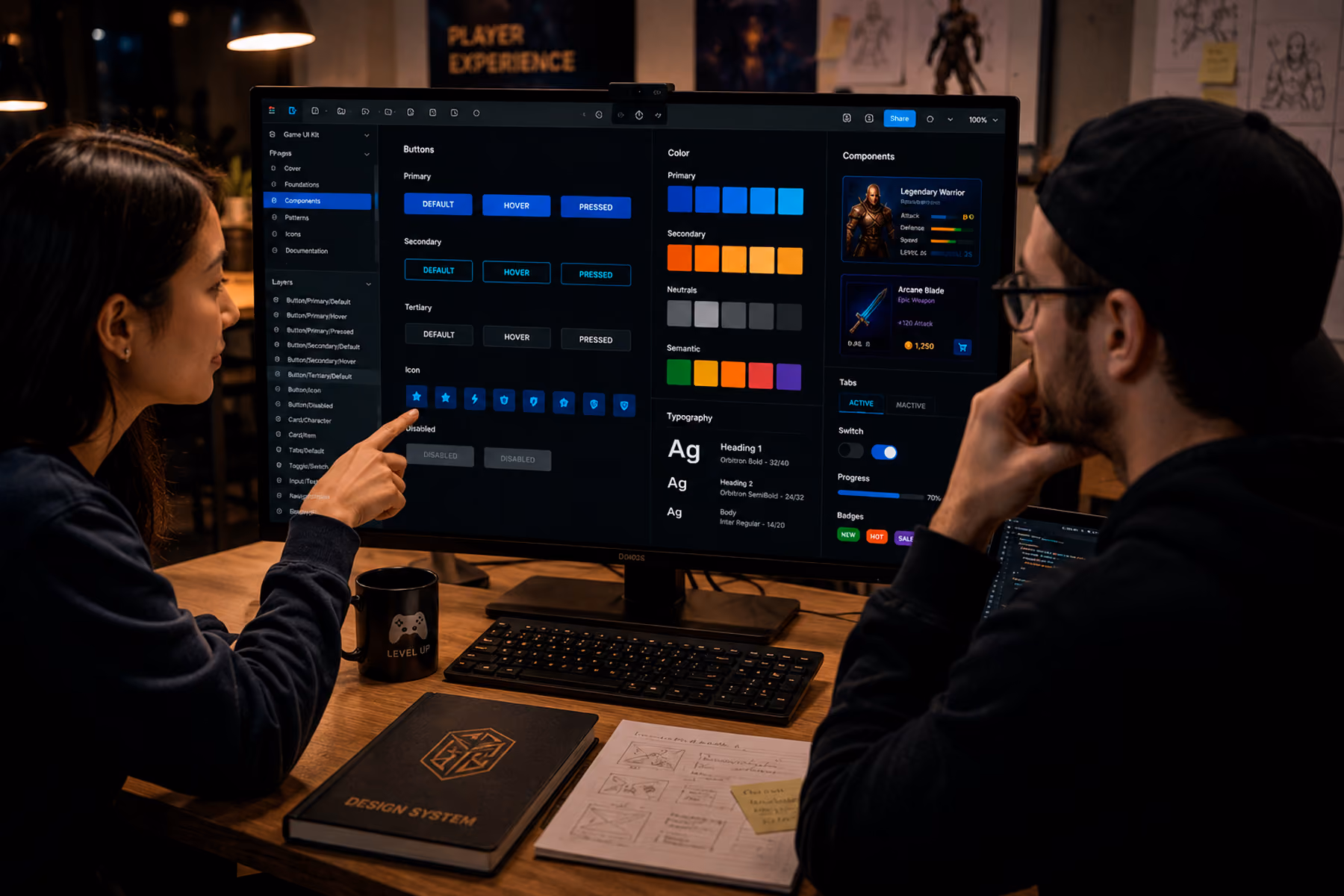 Designer and engineer reviewing a gaming design system component library and color tokens during handoff