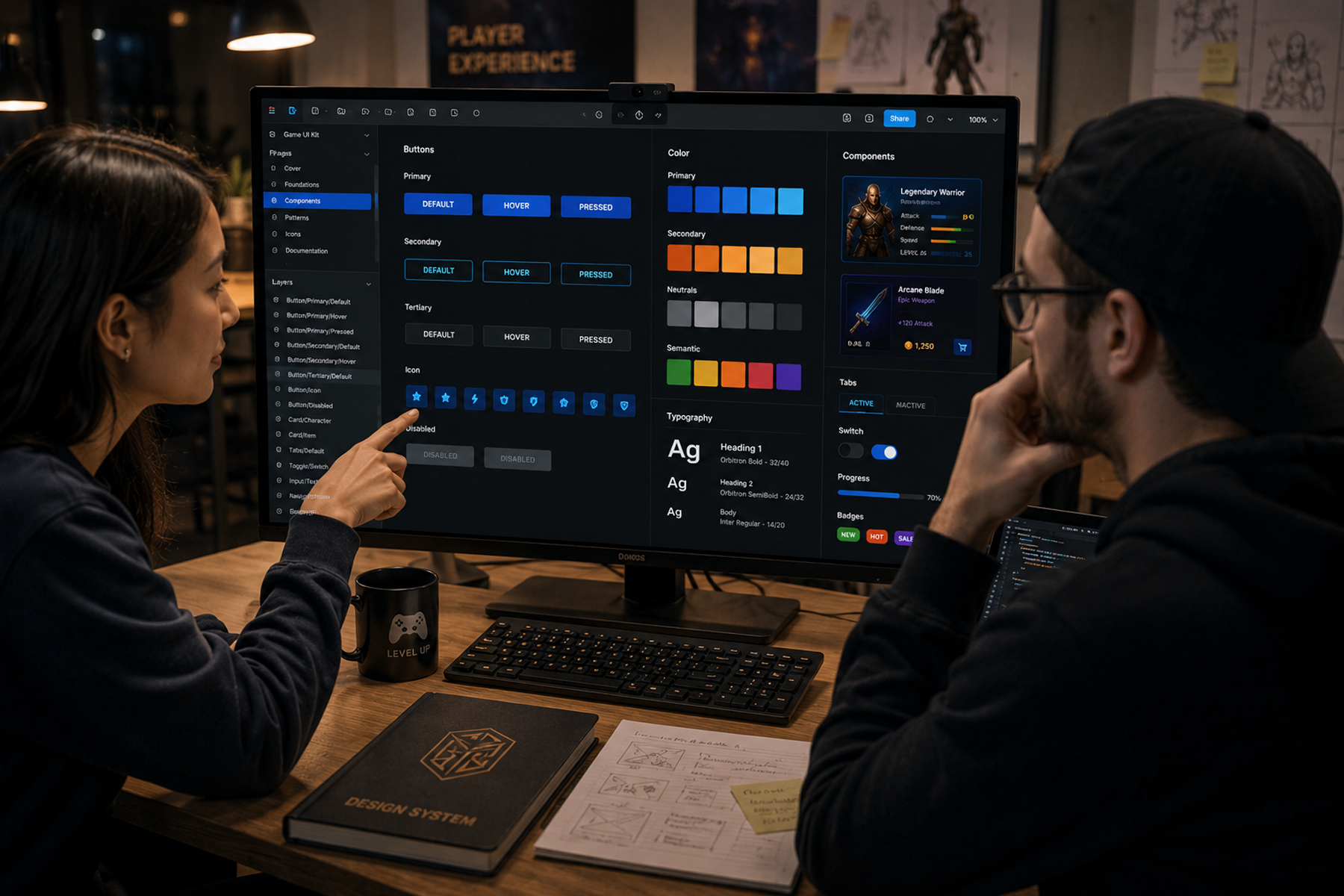 Designer and engineer reviewing a gaming design system component library and color tokens during handoff