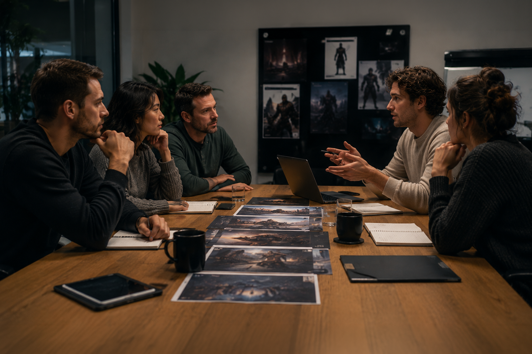 Gaming company team conducting a vendor evaluation meeting with a game UI/UX design agency