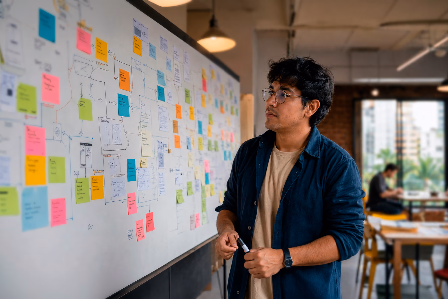 Young Latin American startup founder facing an overwhelmingly complex product roadmap on a whiteboard