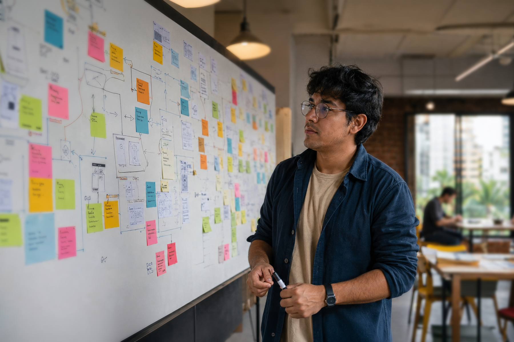 Young Latin American startup founder facing an overwhelmingly complex product roadmap on a whiteboard