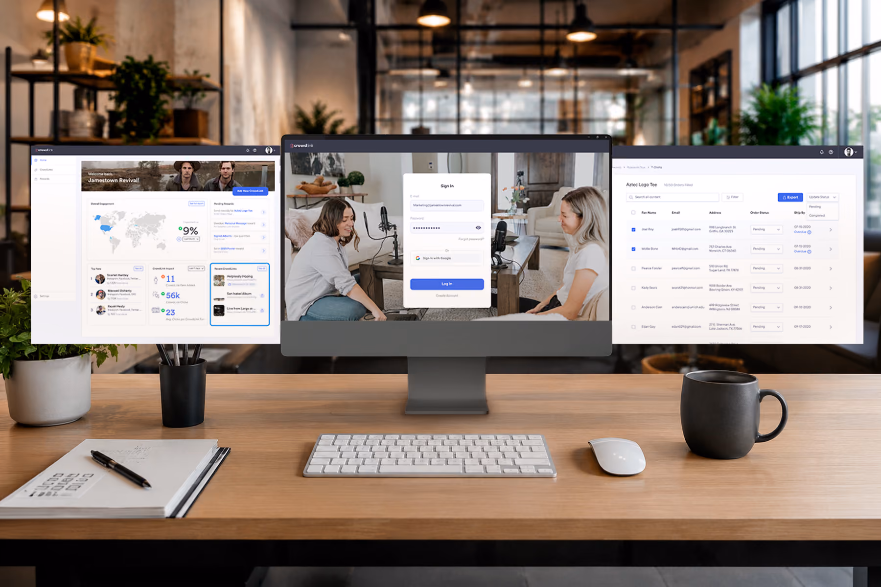 Crowdlink SaaS platform UI showing artist dashboard, login screen, and order management system designed by WANDR