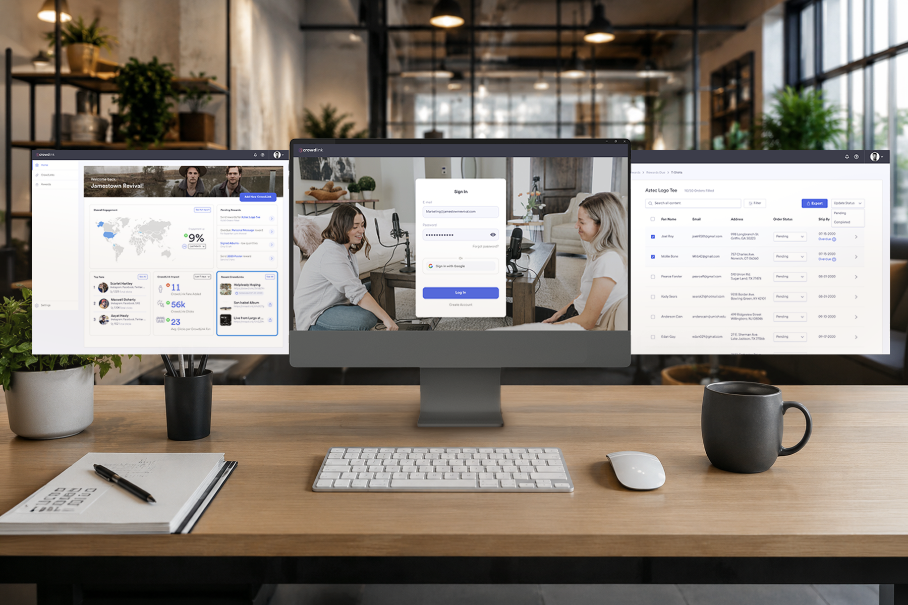 Crowdlink SaaS platform UI showing artist dashboard, login screen, and order management system designed by WANDR