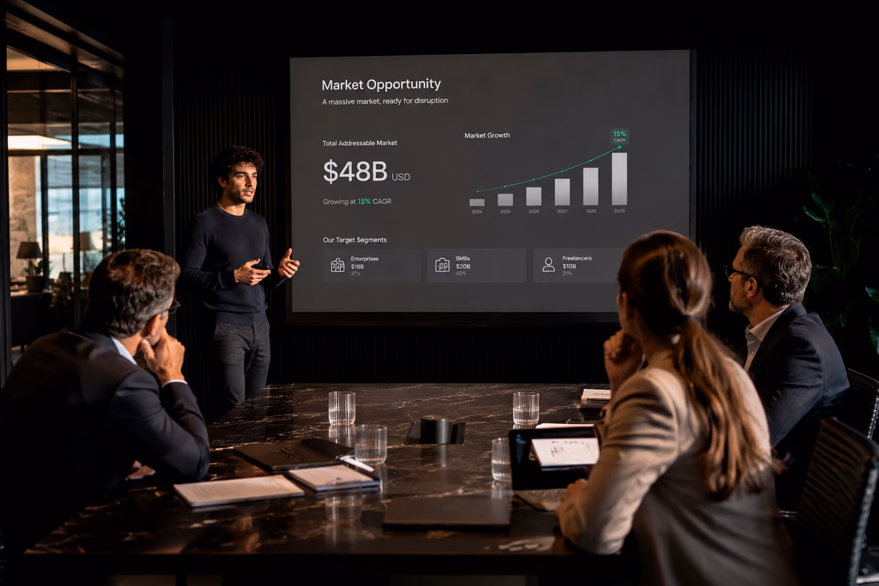 Startup founder presenting pitch deck to investors in a high-stakes boardroom meeting