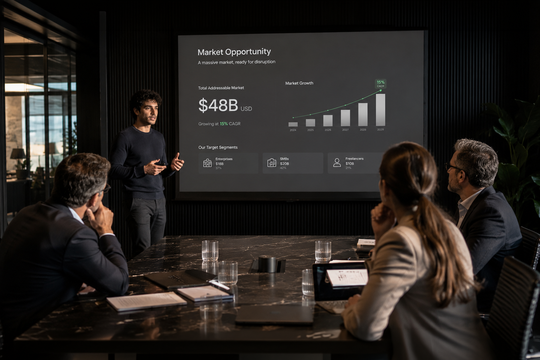 Startup founder presenting pitch deck to investors in a high-stakes boardroom meeting
