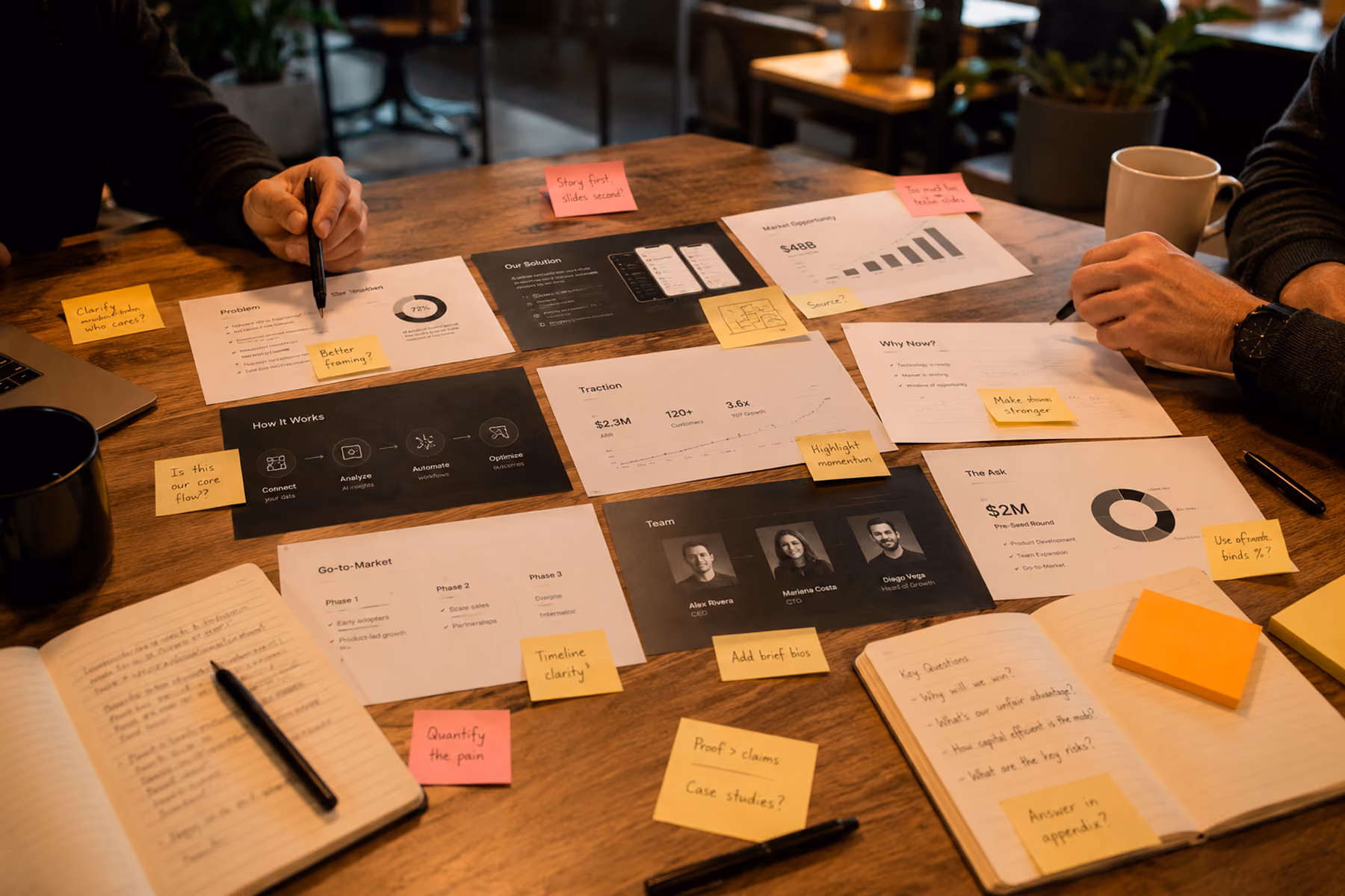 Pitch deck narrative audit session with printed slides marked with handwritten annotations and structural notes