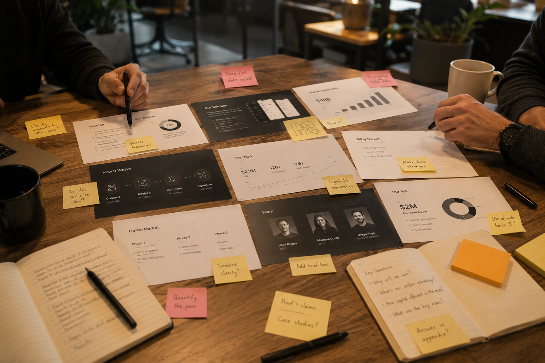 Pitch deck narrative audit session with printed slides marked with handwritten annotations and structural notes
