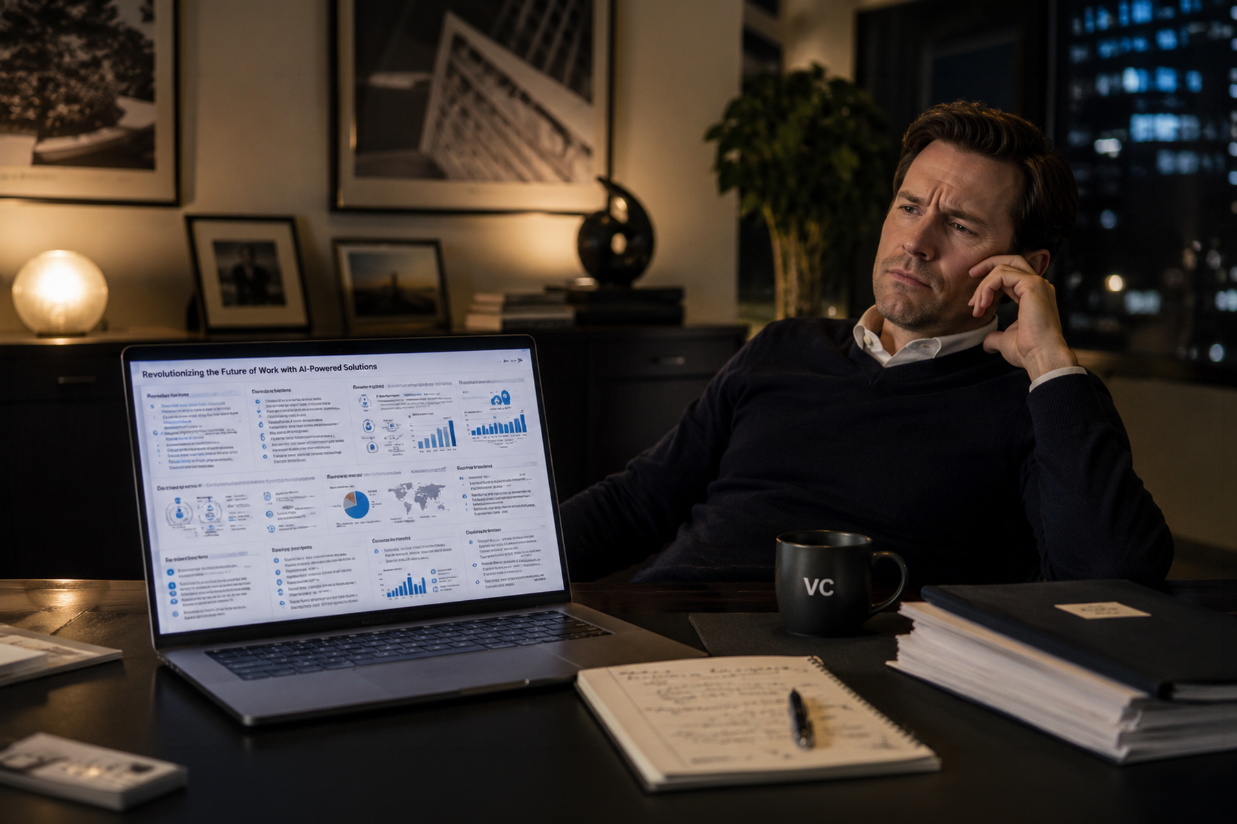 Venture capital investor reviewing an overcrowded pitch deck on laptop with skeptical expression
