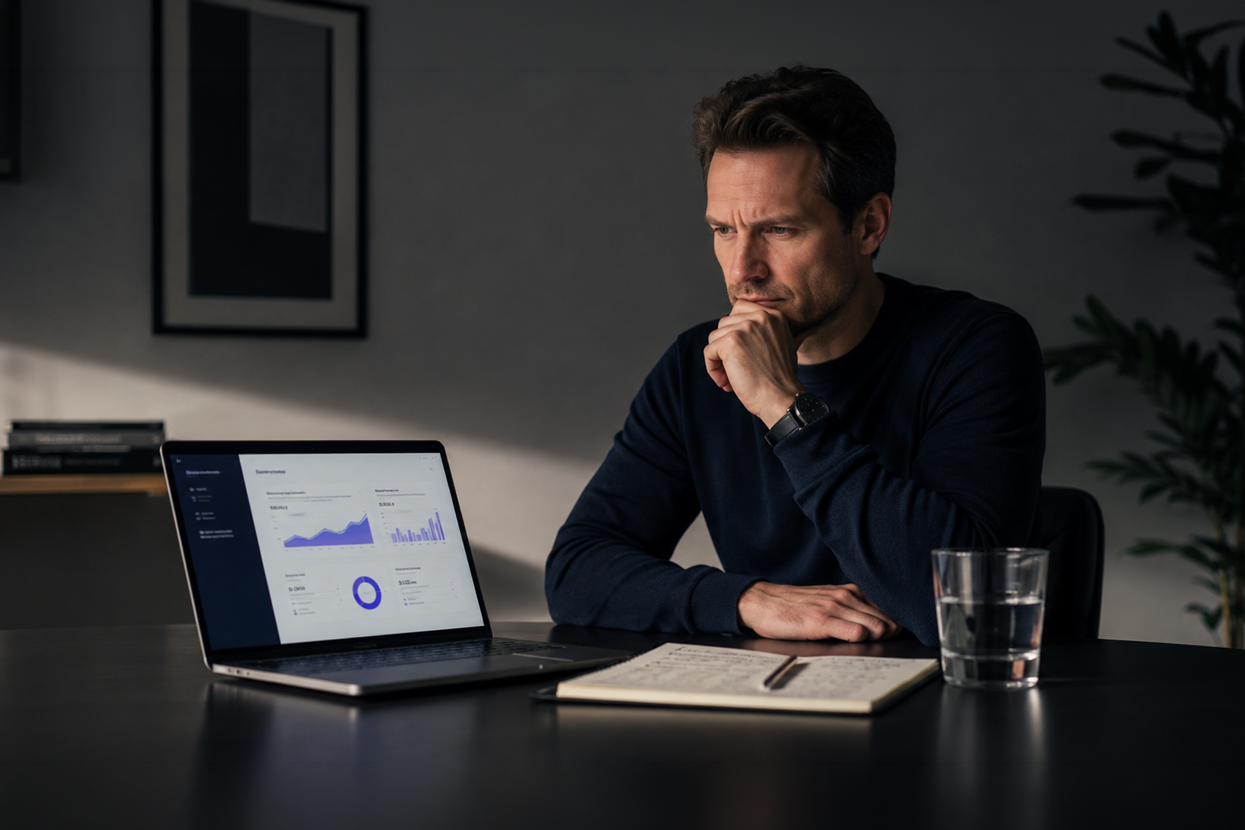 Venture capital investor privately evaluating a SaaS pitch deck on laptop with analytical expression