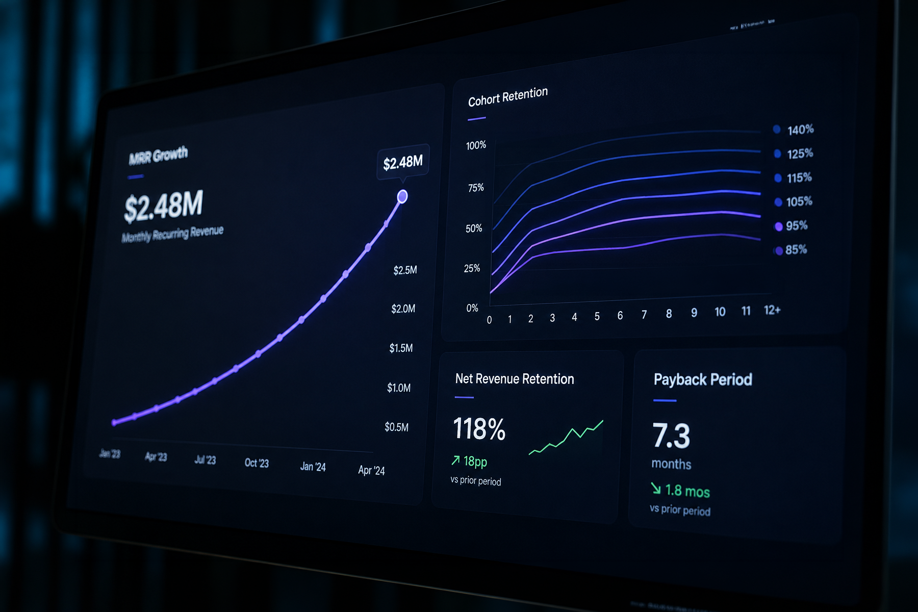 SaaS pitch deck traction slide showing MRR growth curve, cohort retention chart, and net revenue retention metrics