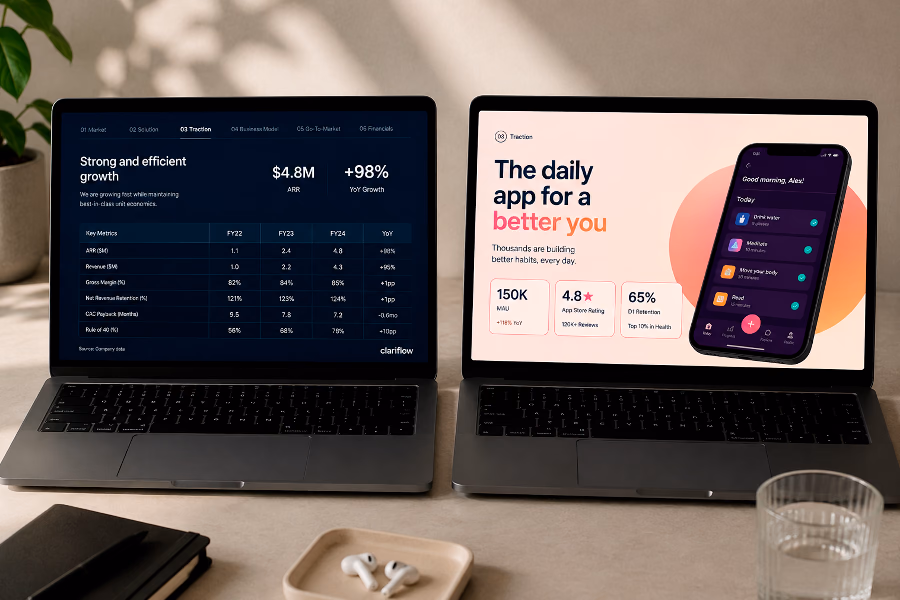 Enterprise SaaS and consumer SaaS pitch deck designs side by side showing different visual registers and color palettes